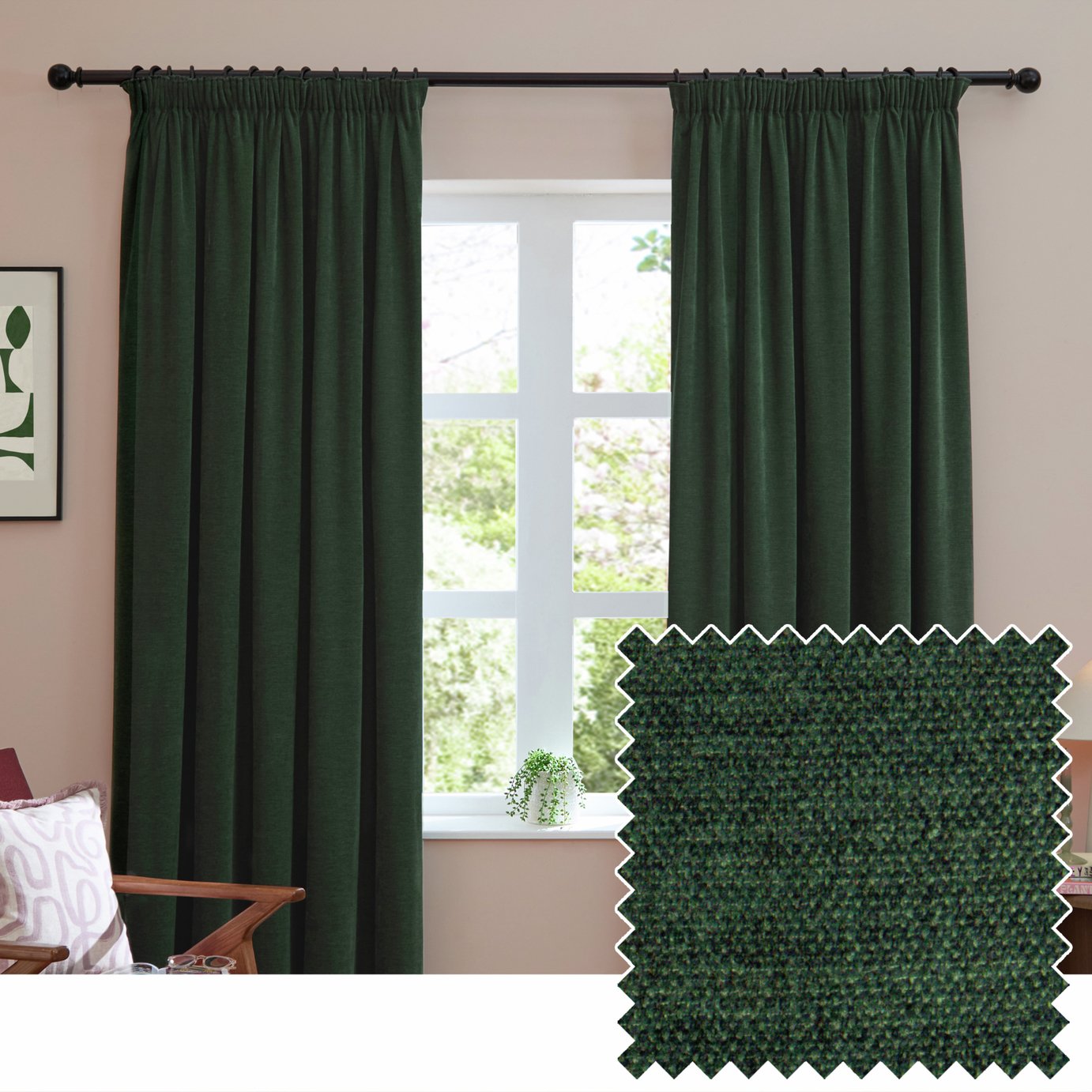 Furn Soft Chenille Blackout Pencil Pleat Curtains - Green