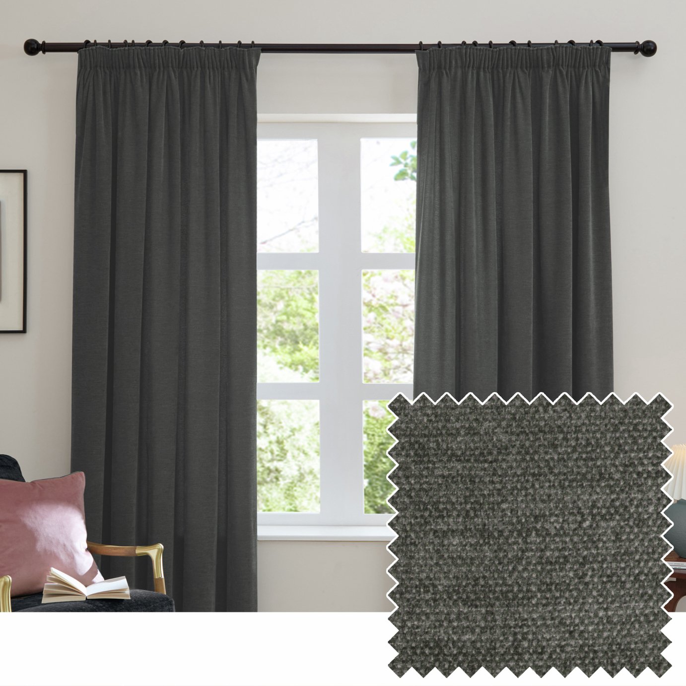 Furn Soft Chenille Blackout Pencil Pleat Curtains - Charcoal