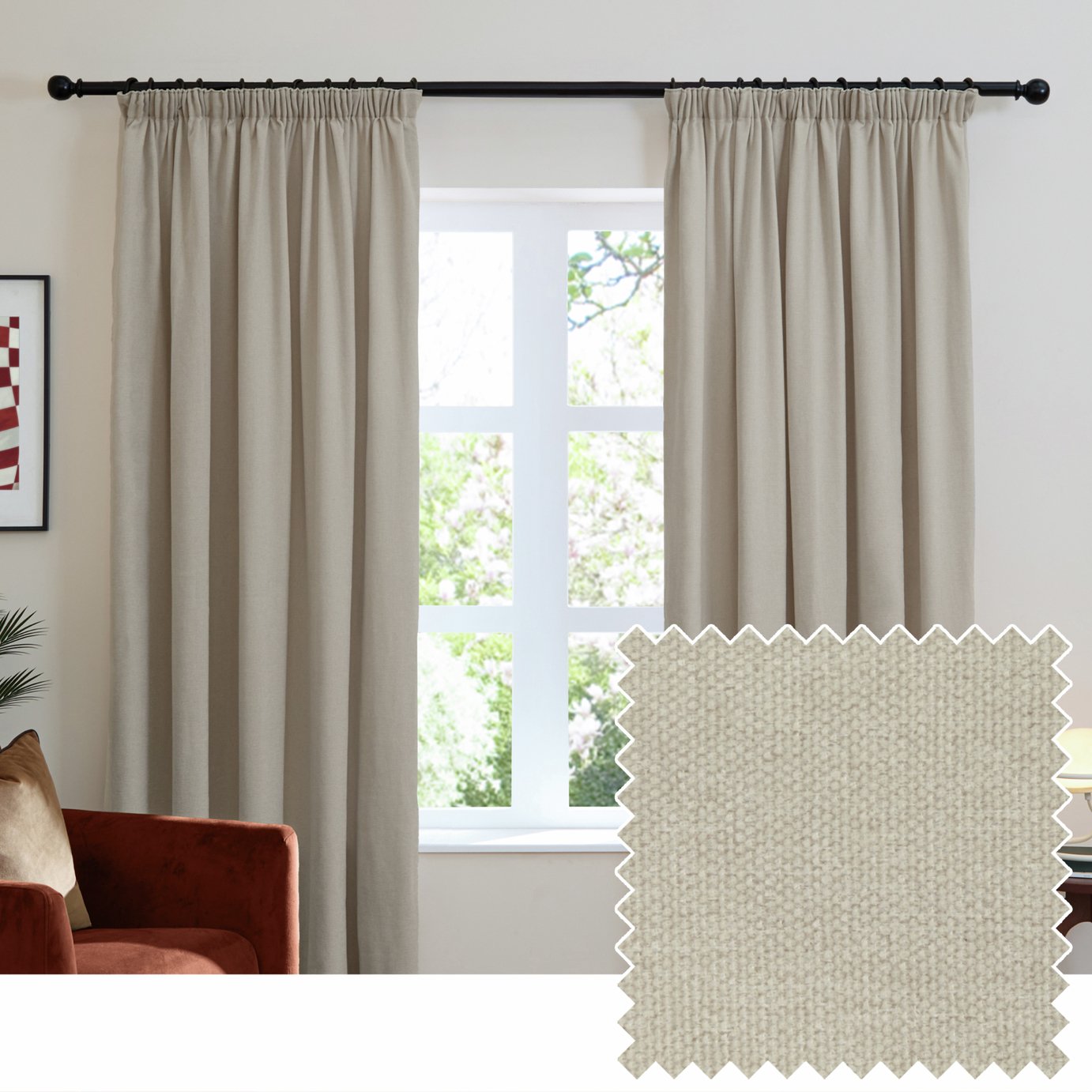Furn Soft Chenille Blackout Pencil Pleat Curtains - Natural