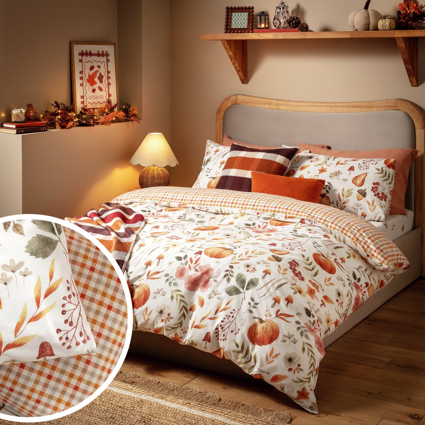 Argos Home Autumnal Pumpkin Gingham White Bedding Set - Single