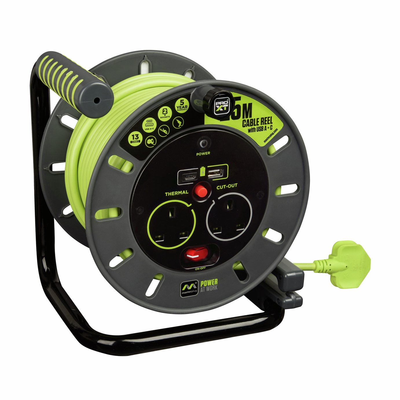 Masterplug Pro?XT 2 Socket 25m USB A and USB C Open Cable Reel