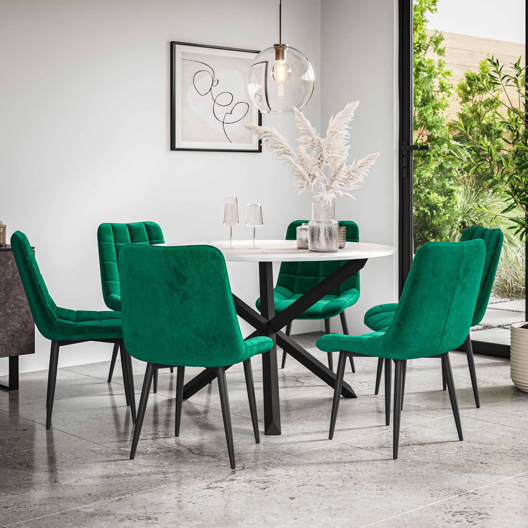 Furniture Online Malvern Nova Marble Top Dining Table & 6 Green Chairs