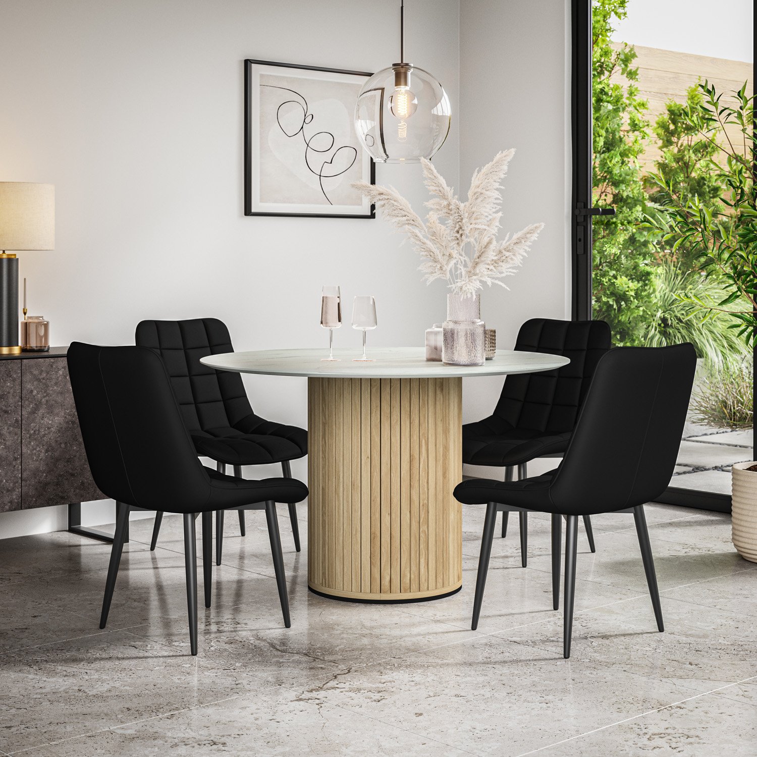 Furniture Online Arlo Nova Marble Top w Oak Legs Dining Table & 4 Black Chairs