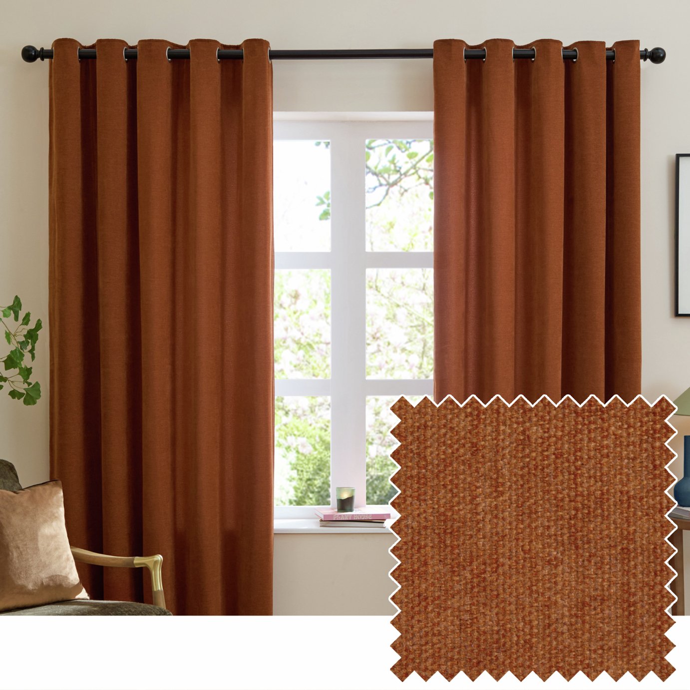 Furn Soft Chenille Blackout Eyelet Curtains - Rust - 229x229cm