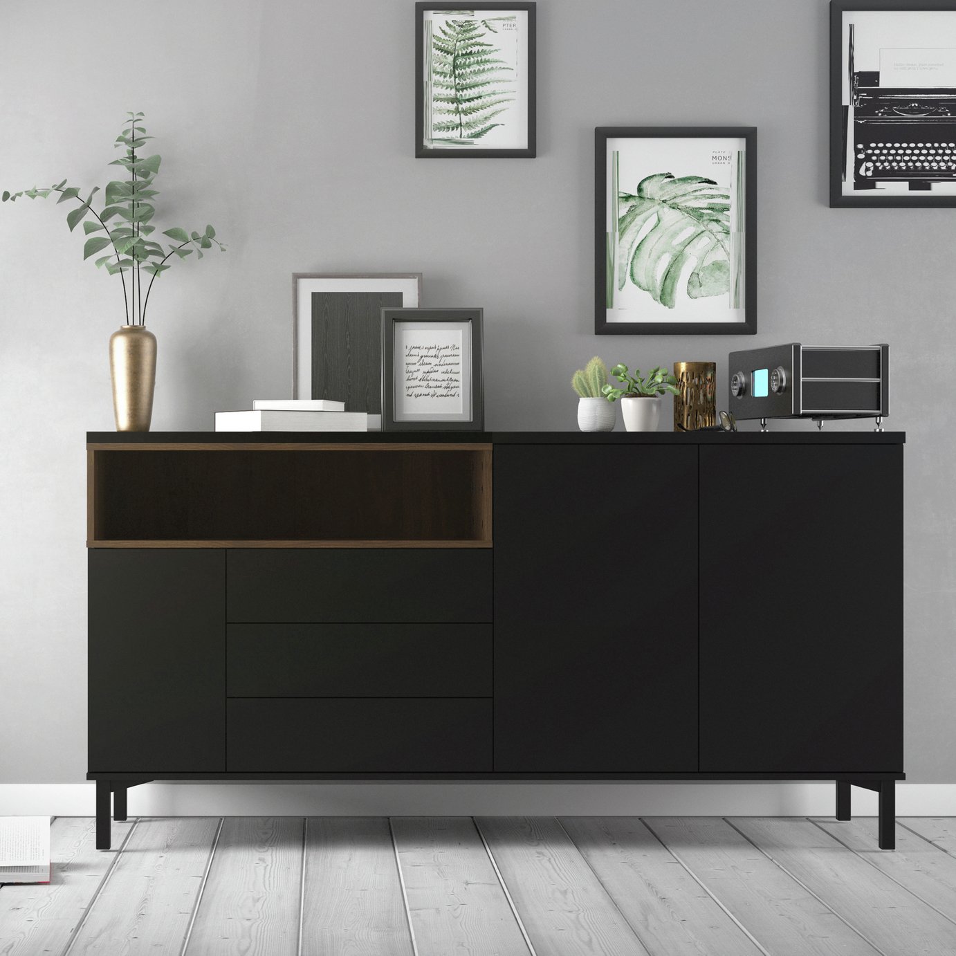 Furniture To Go Roomers 3 Door 3 Drawer Sideboard - Black