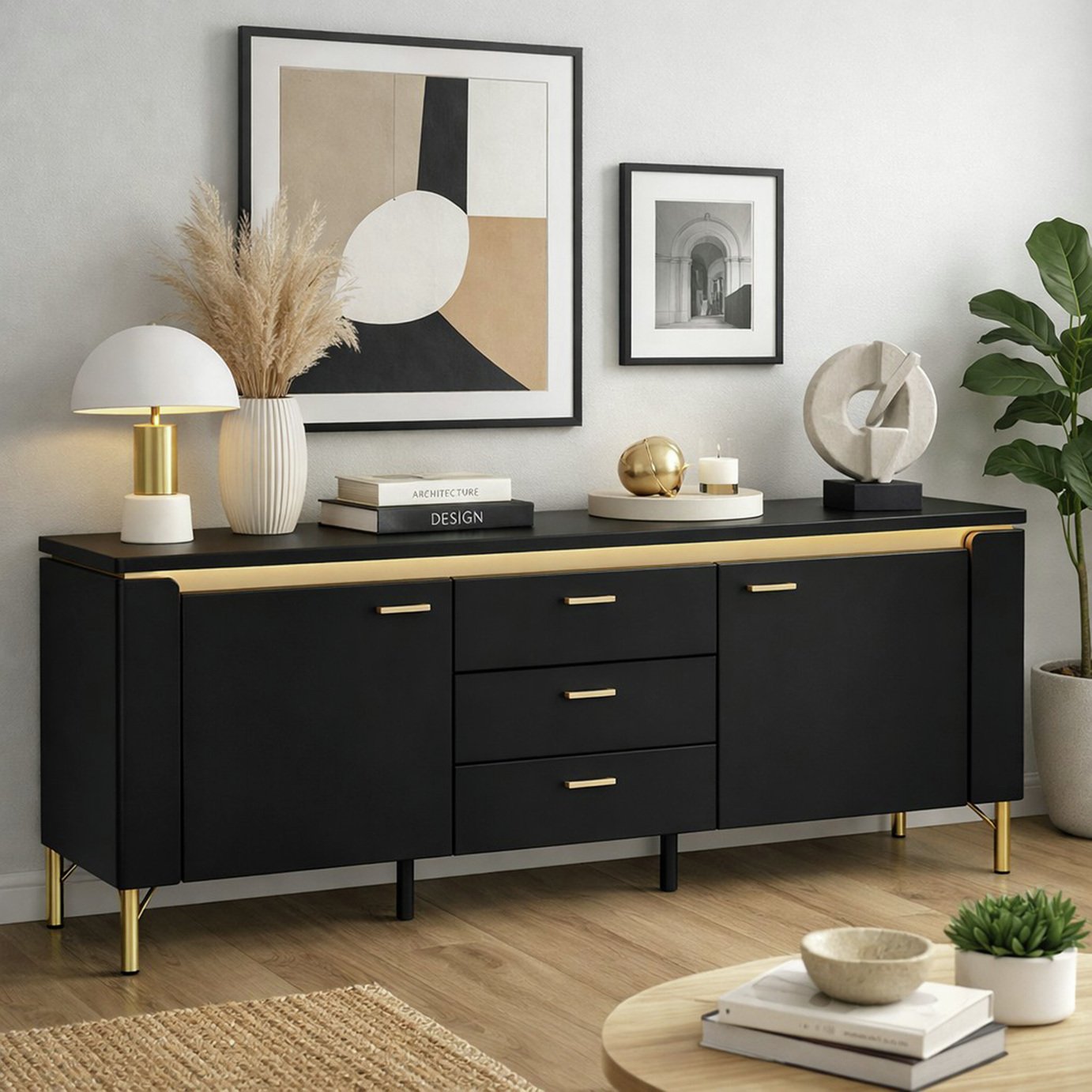 Furniture To Go Genoa 2 Door 3 Drawer TV Unit - Black & Gold