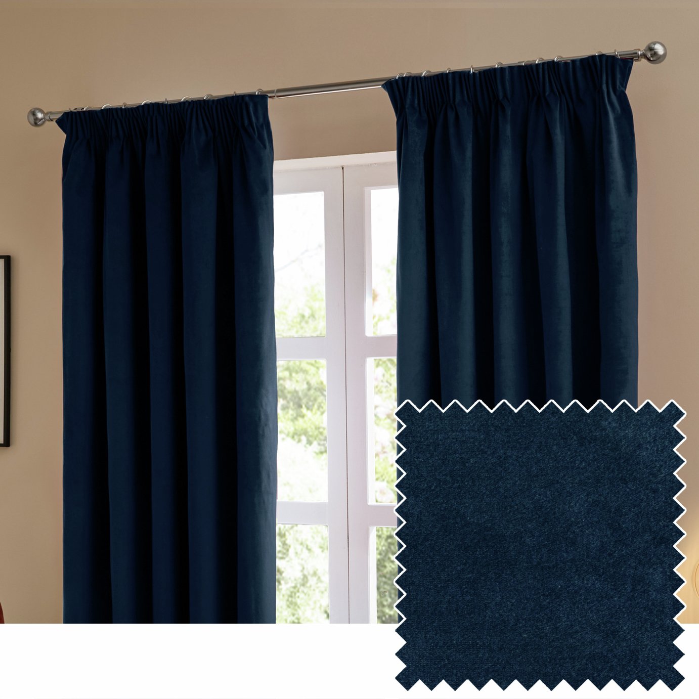 Furn Ultimate Velvet Blackout Pencil Pleat Curtains - Blue - 168x229cm