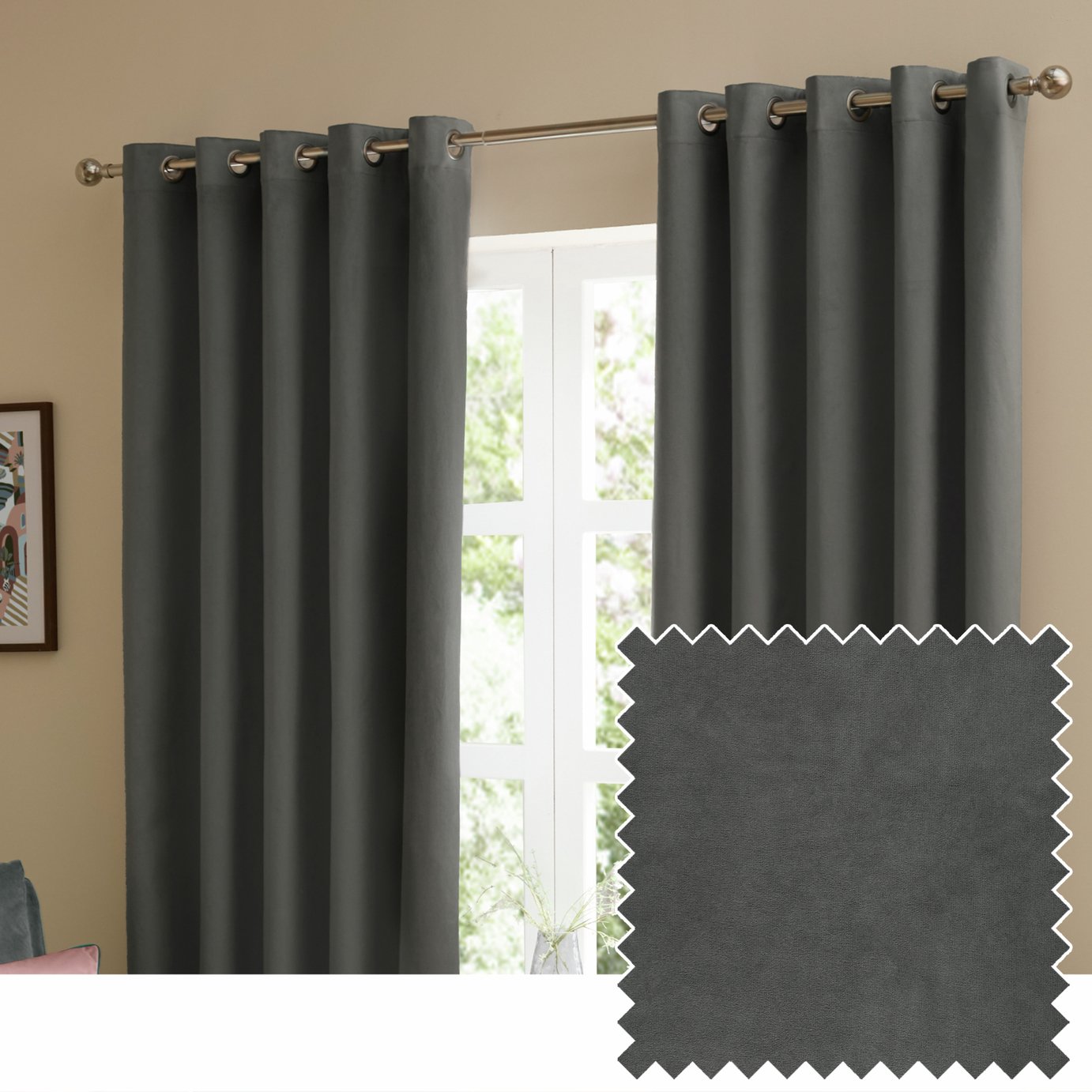 Furn Ultimate Velvet Blackout Eyelet Curtains - Charcoal