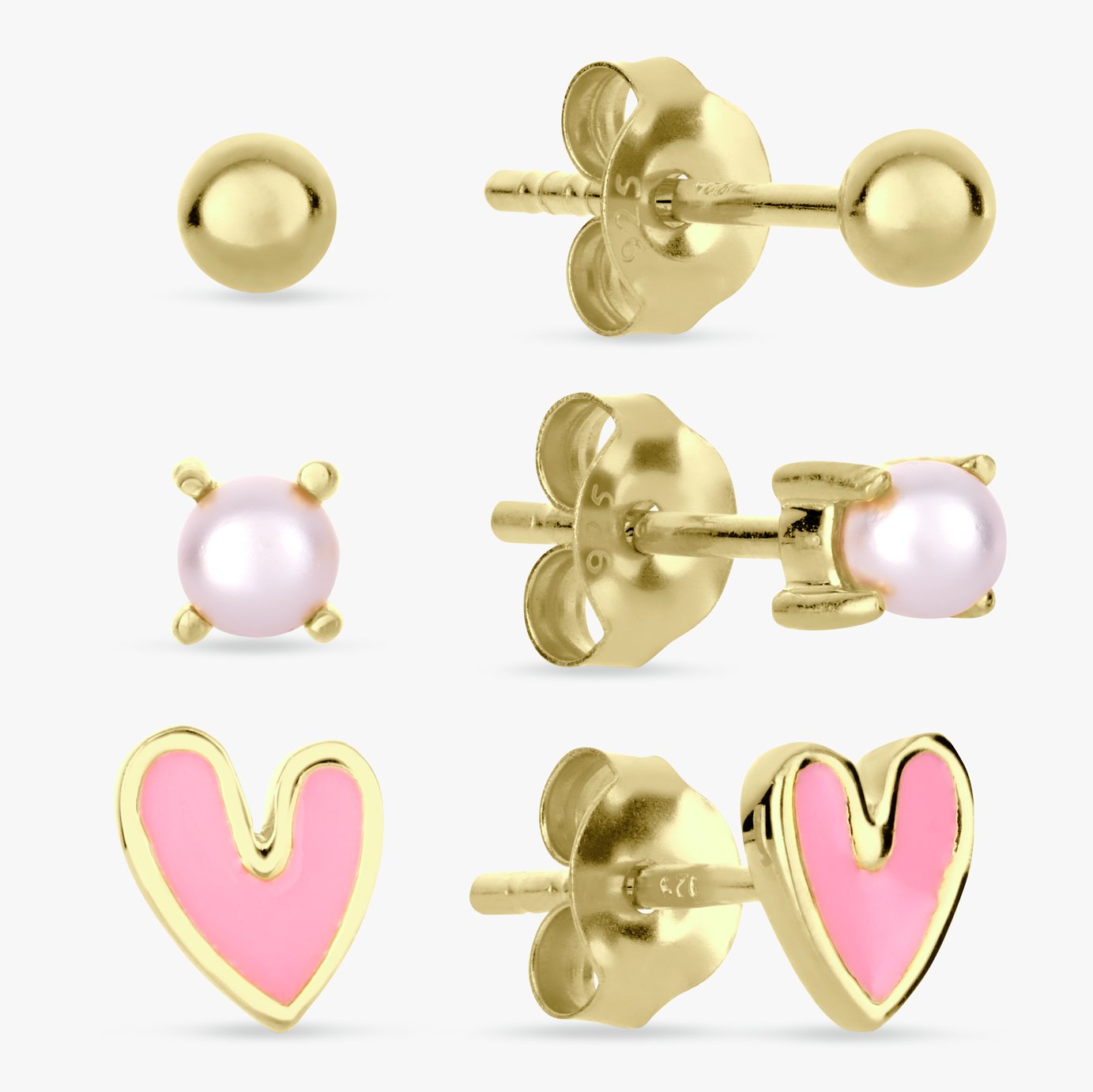 Revere Kids Gold Plated Silver Pink Heart Stud Earrings Set