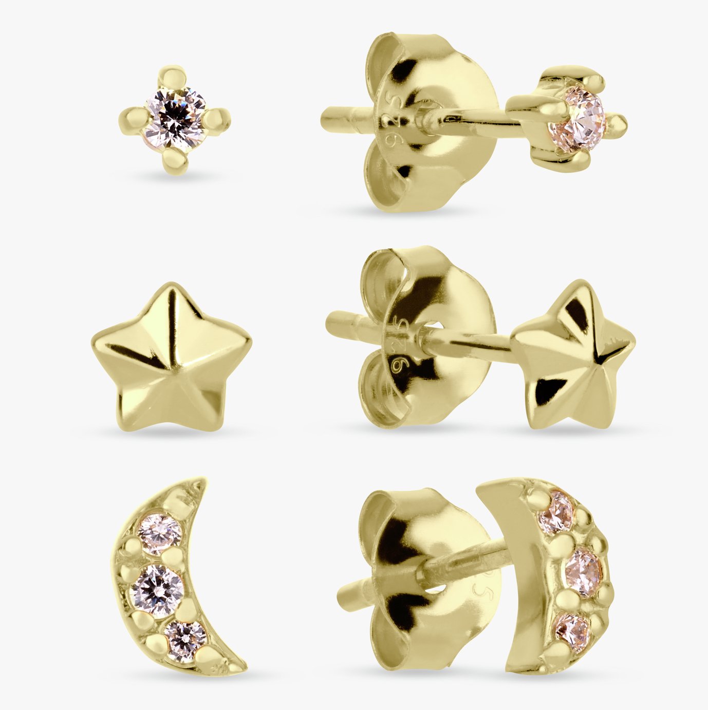 Revere Gold Plated Silver Moon & Star Stud Earrings-Set of 3