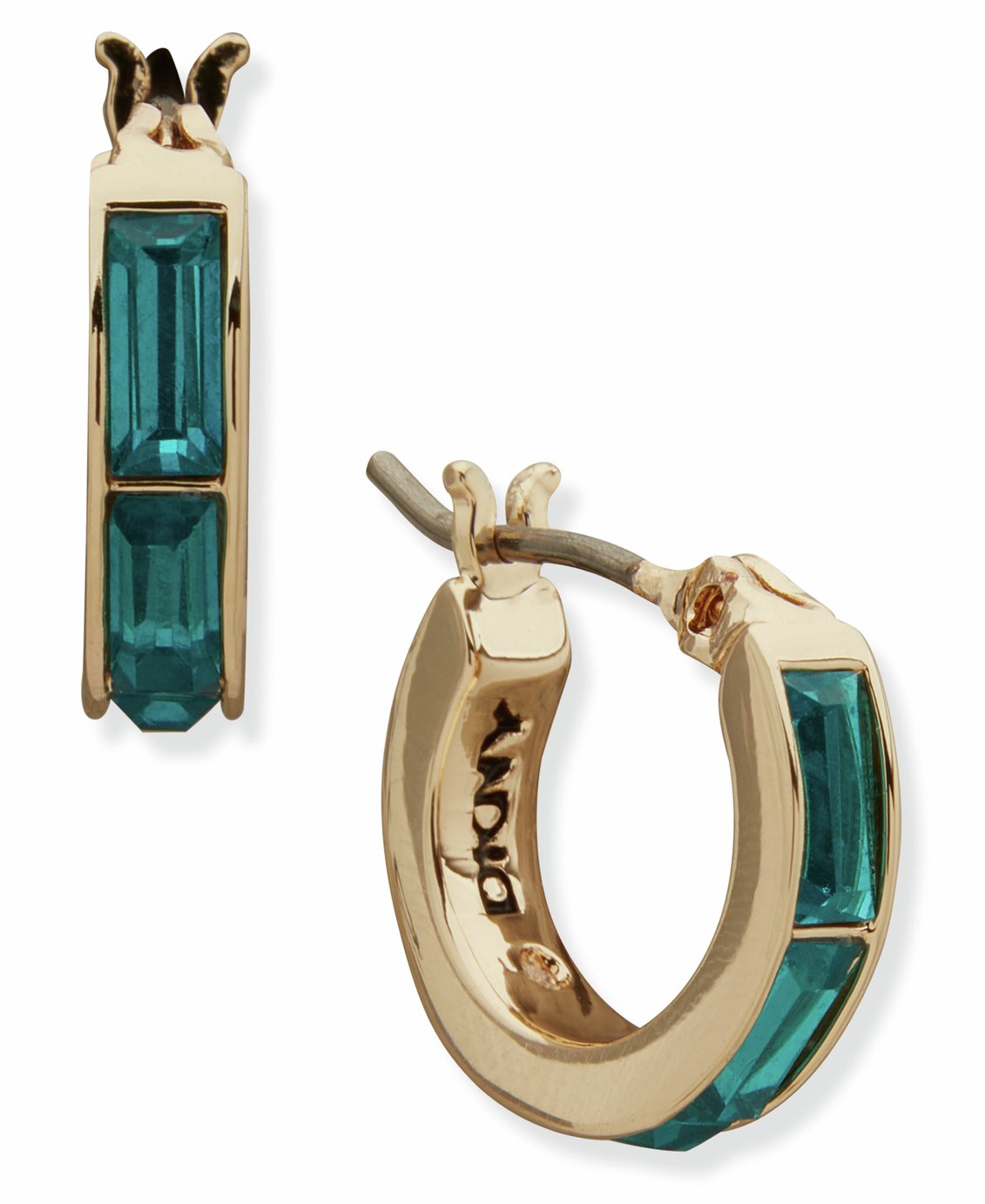DKNY Gold Tone Teal Baguette Huggie Earrings