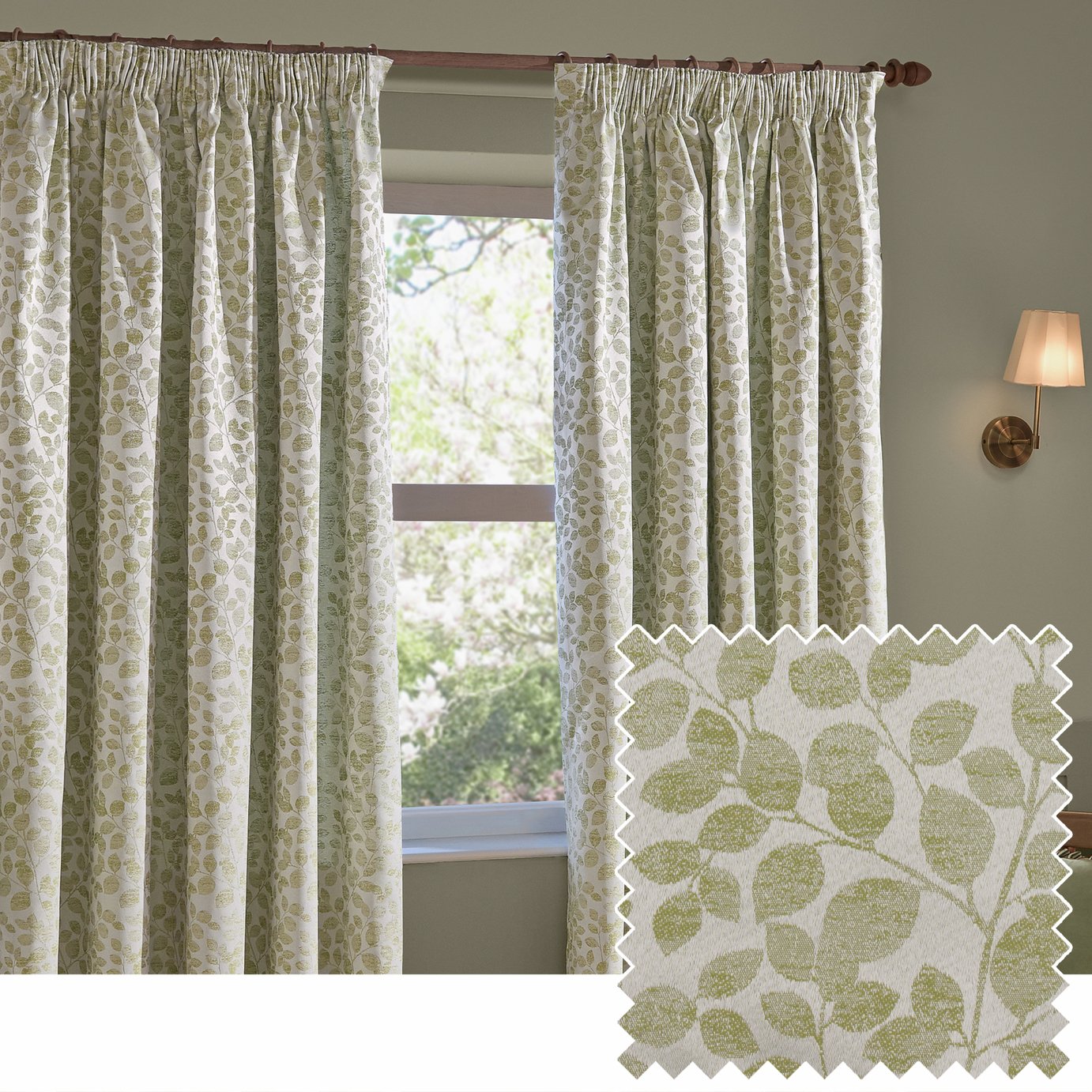 Wylder Grace Leaf Floral Pencil Pleat Curtains - Sage Green