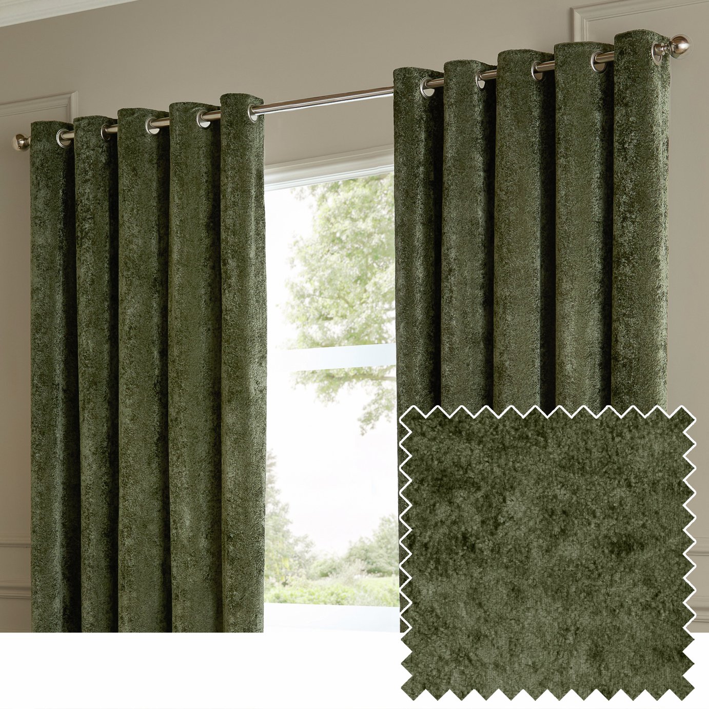 Paoletti Lustre Velvet Eyelet Curtains - Green