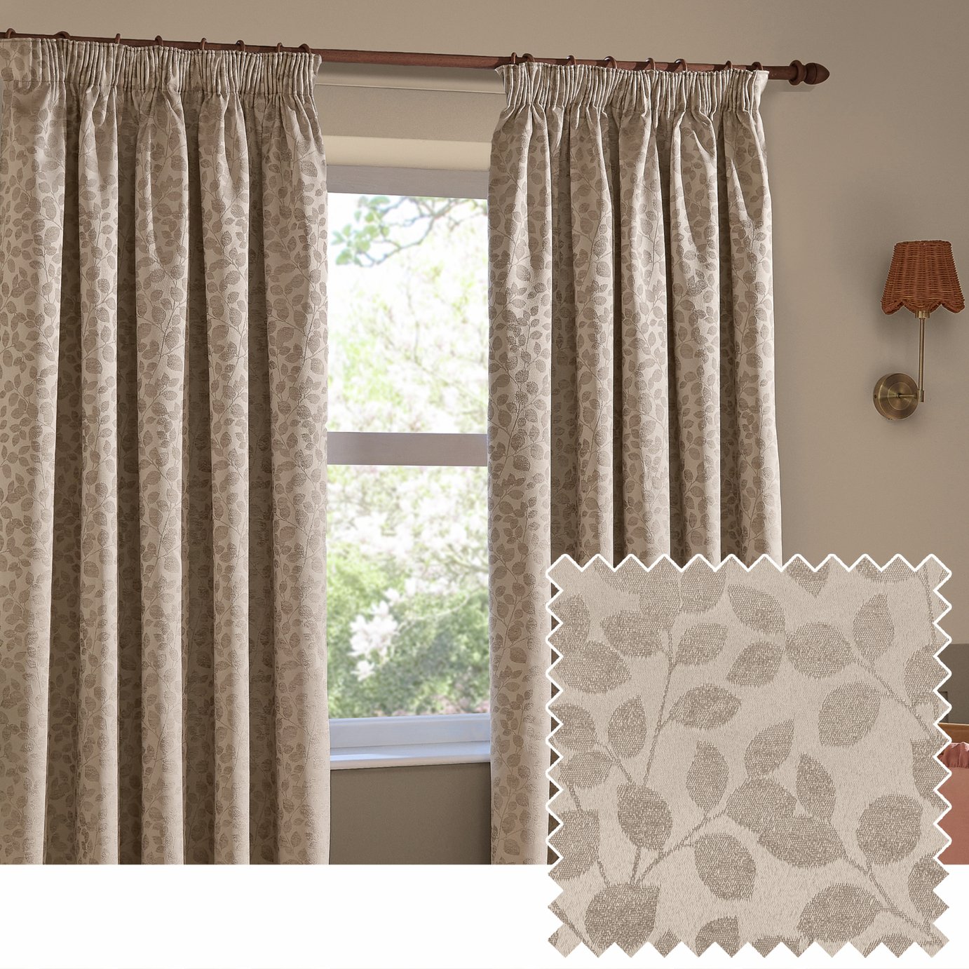Wylder Grace Leaf Pencil Pleat Curtains - Taupe