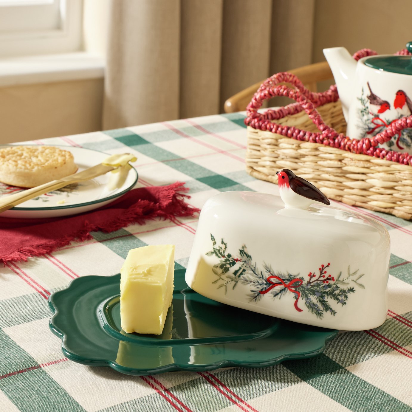 Argos Home Robin Stoneware Butter Dish - White & Green