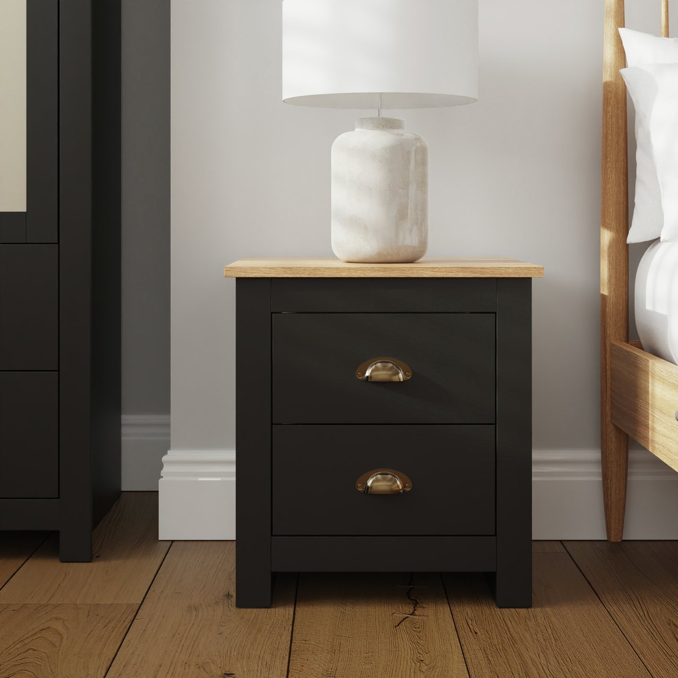 GFW Lancaster 2 Drawer Bedside Table - Black