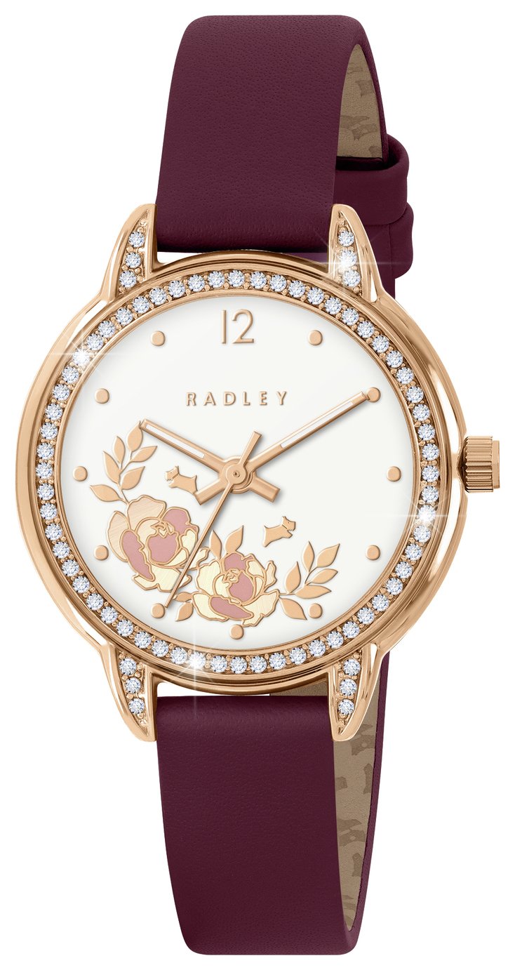 Radley Stone Set Bezel Cranberry Red Leather Strap Watch