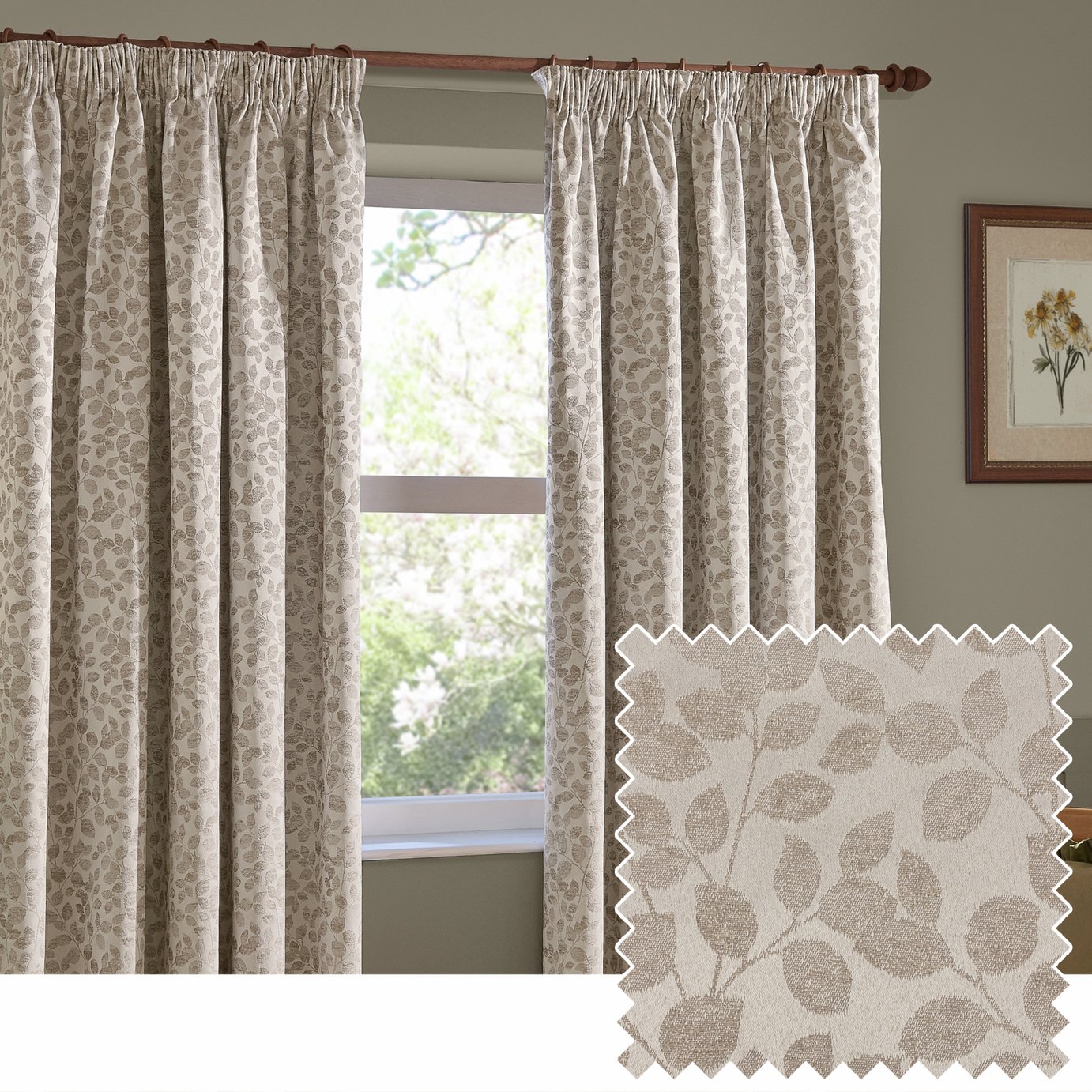 Wylder Grace Leaf Floral Pencil Pleat Curtains - Natural