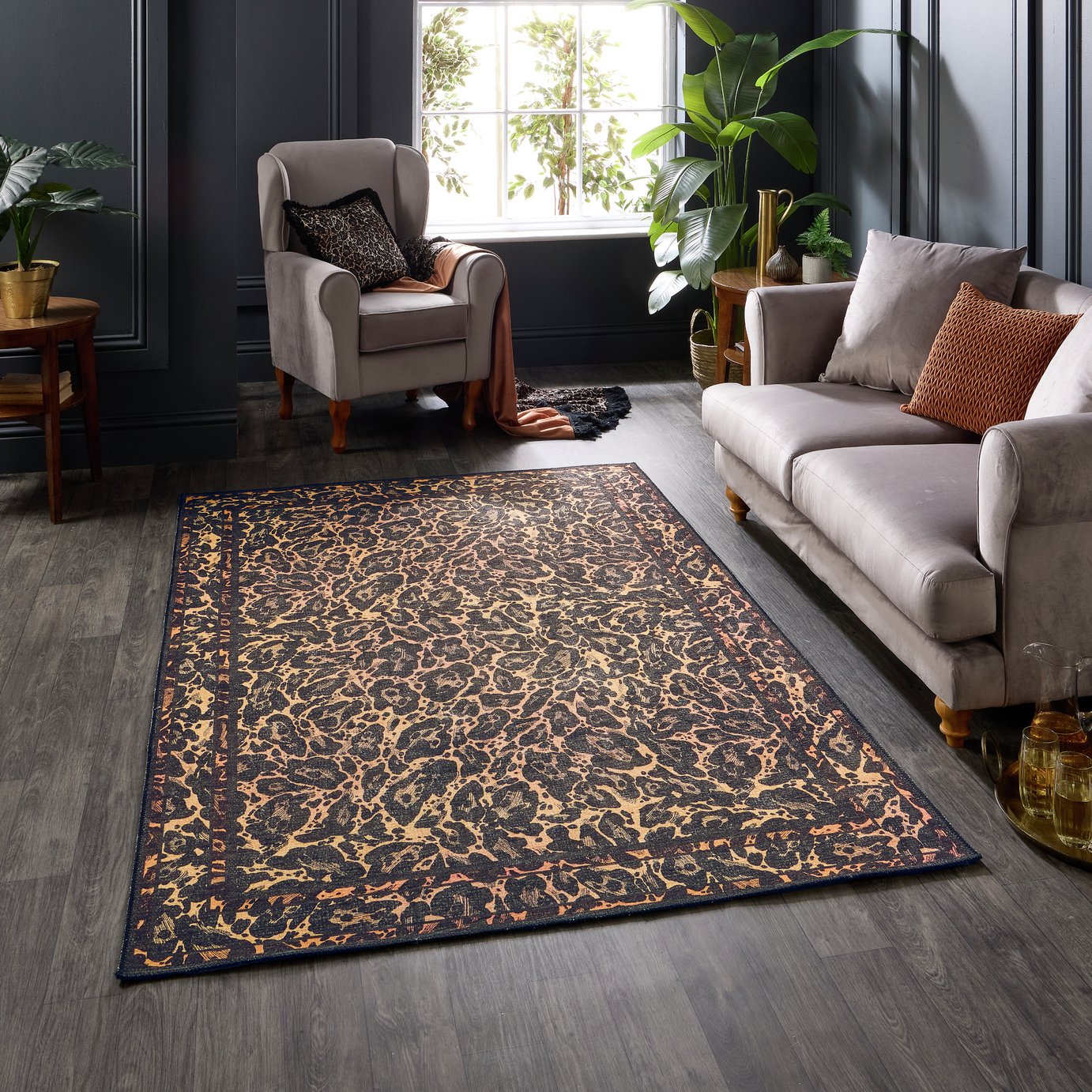 Laurence Llewelyn-Bowen Leopard Black and Orange Flatweave Rug