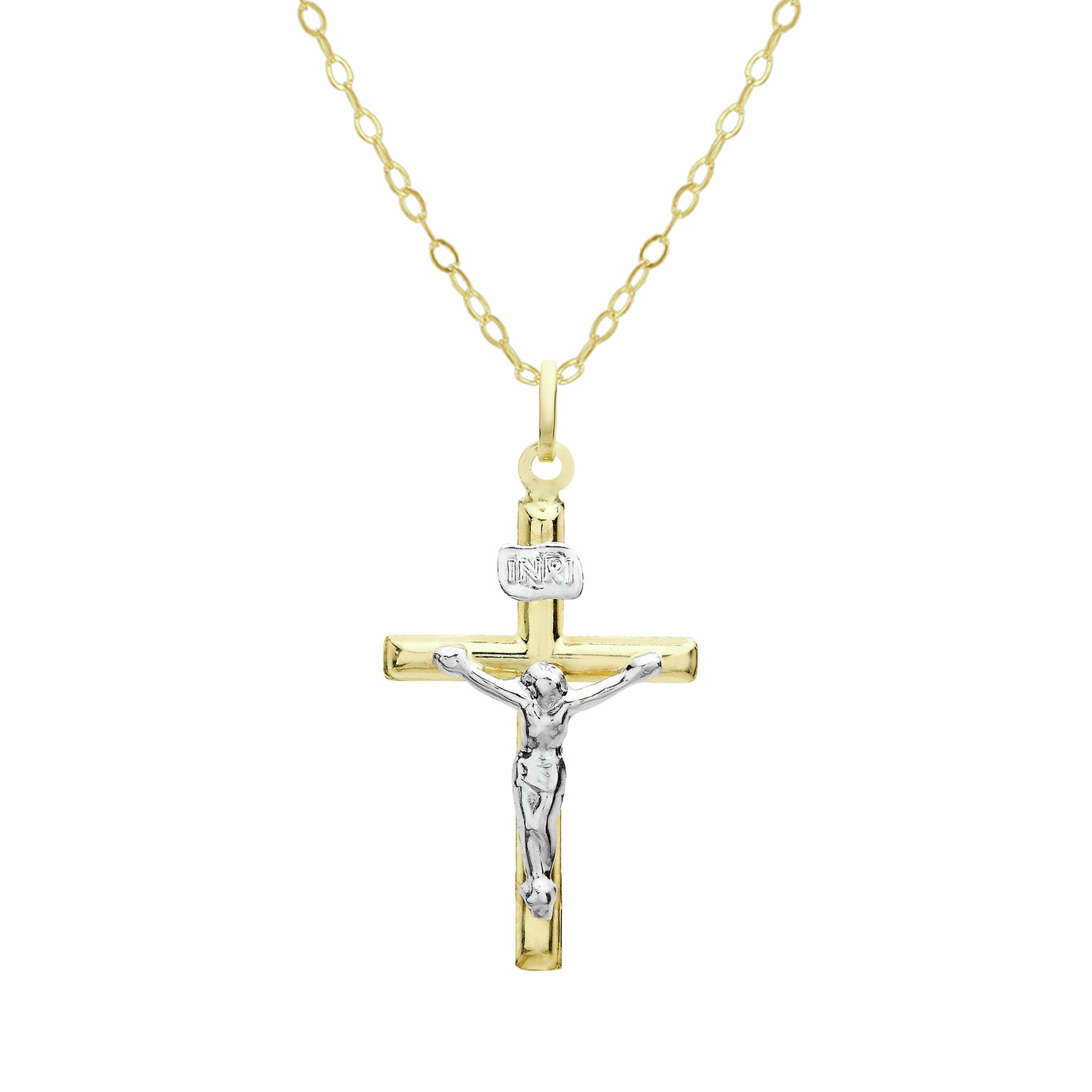 Revere 9ct Two Colour Gold Crucifix Pendant Necklace Chain