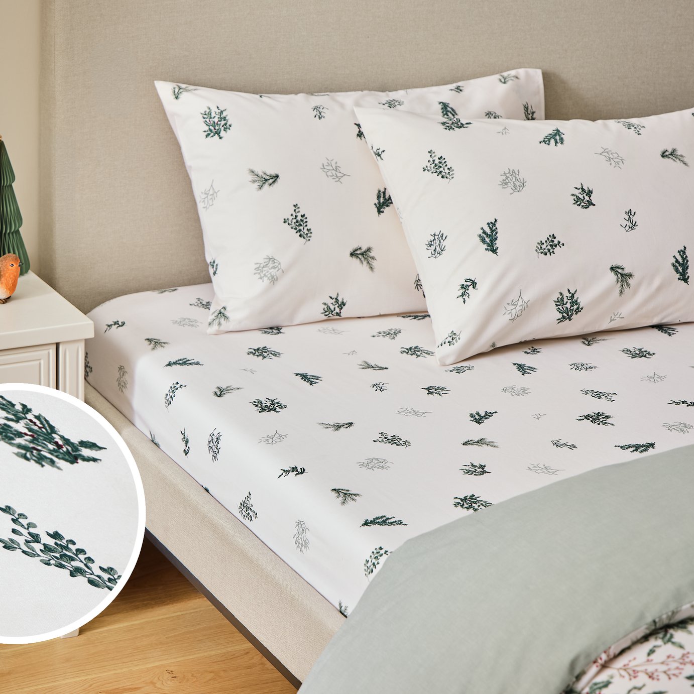 Argos Home Robin Foliage White Fitted Sheet