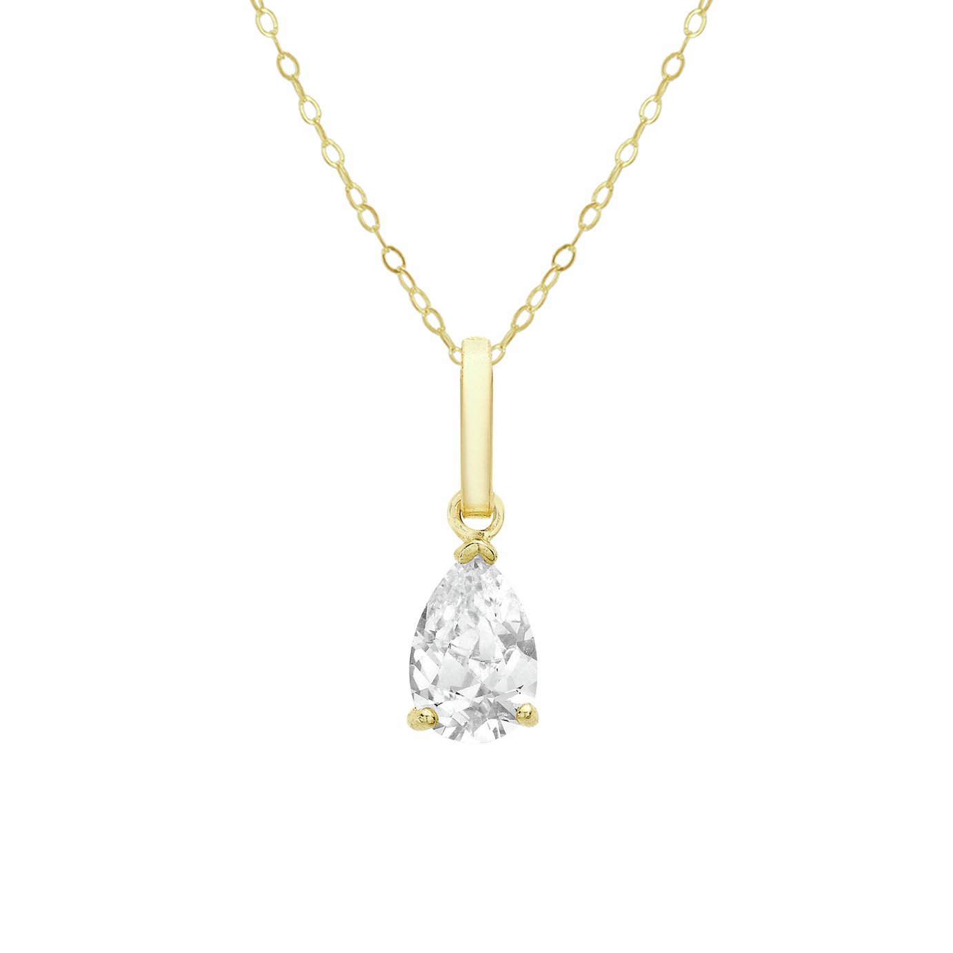 Revere 9ct Yellow Gold Cubic Zirconia Tear Pendant Necklace Chain
