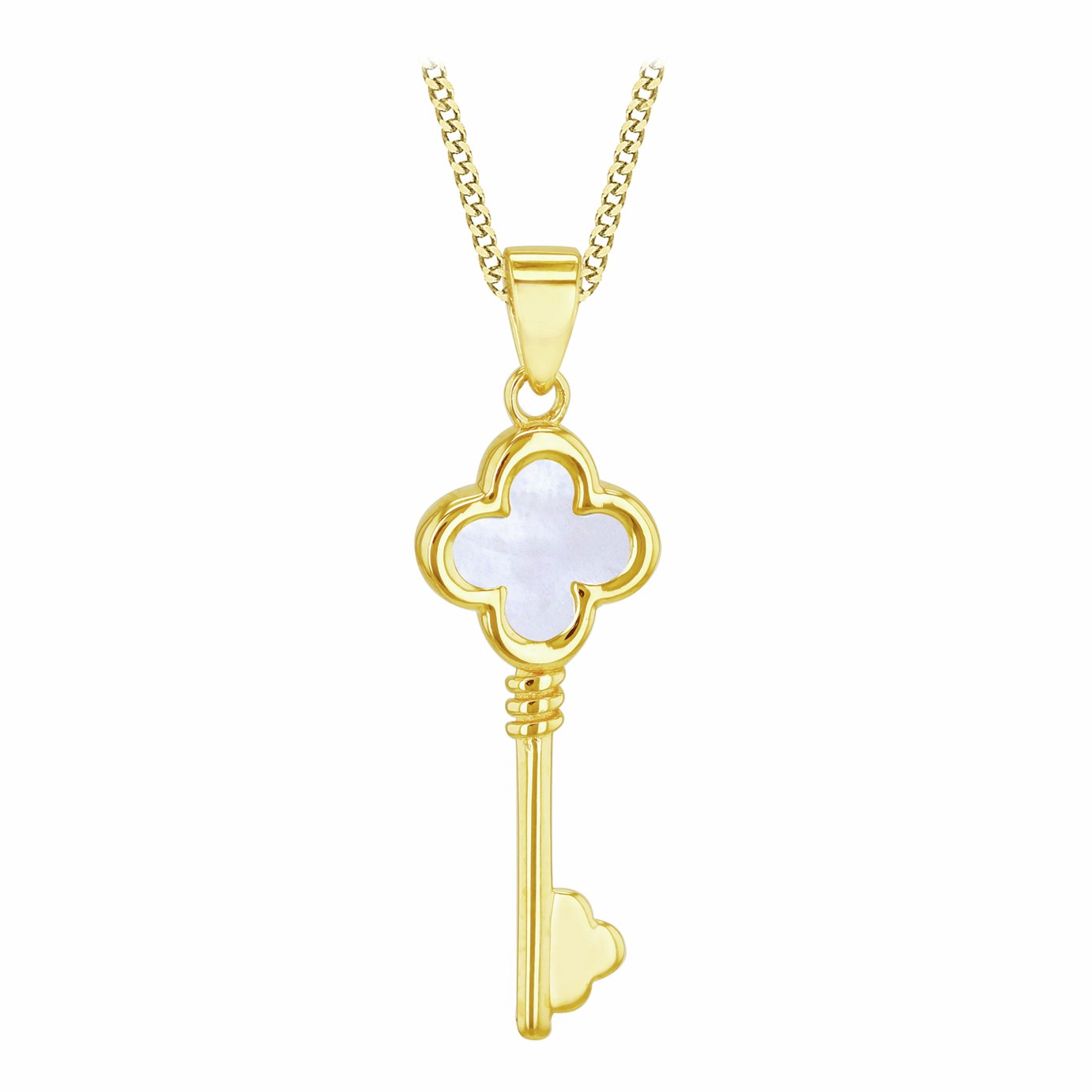 Revere 9ct Yellow Gold Mother of Pearl Clover Key Pendant Necklace Chain