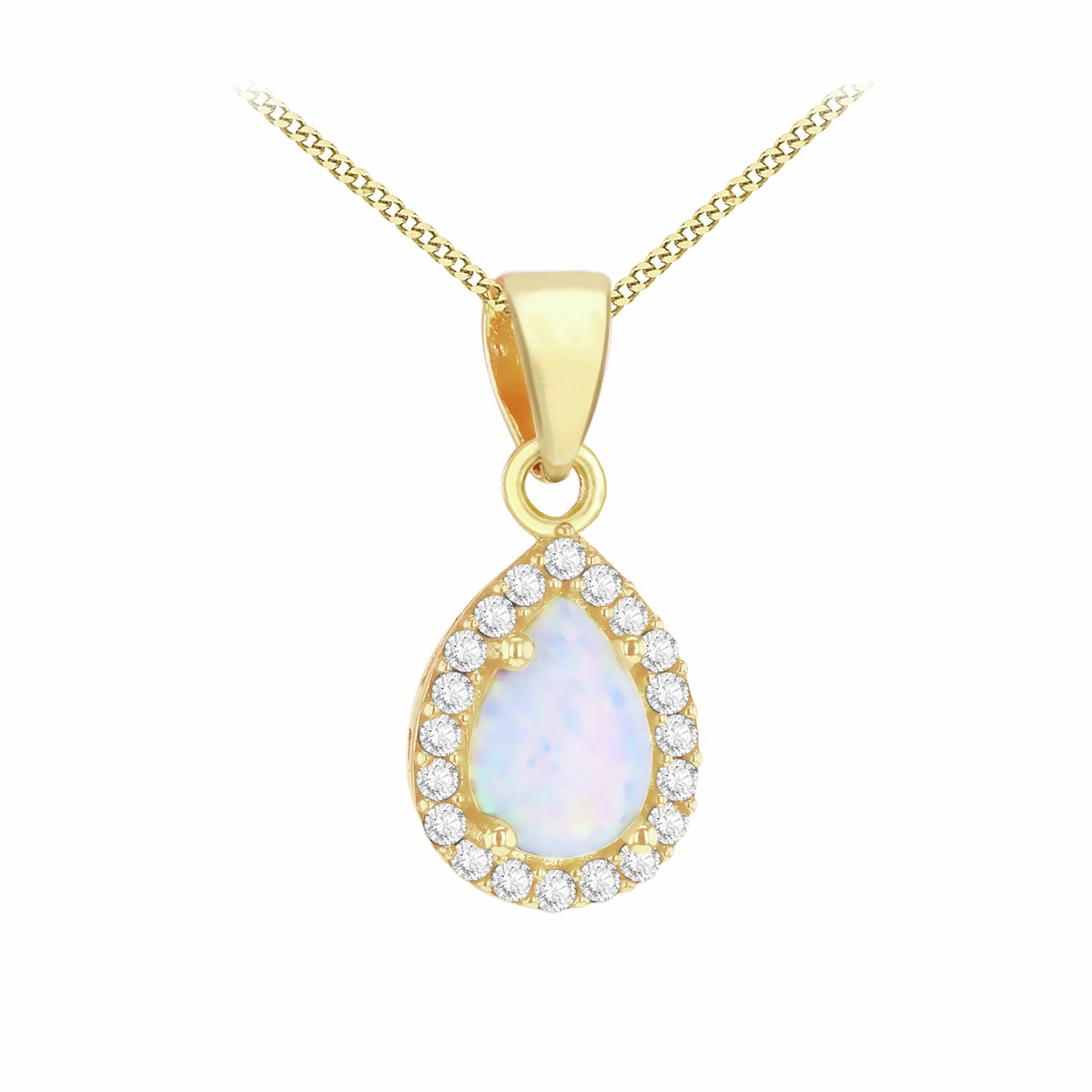 Revere 9ct Yellow Gold Teardrop Halo Opal Pendant Necklace Chain