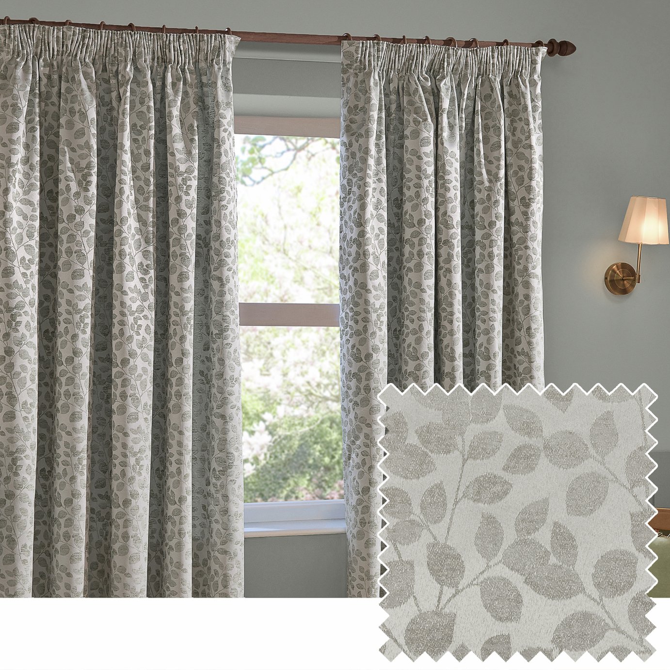 Wylder Grace Leaf Floral Pencil Pleat Curtains - Grey