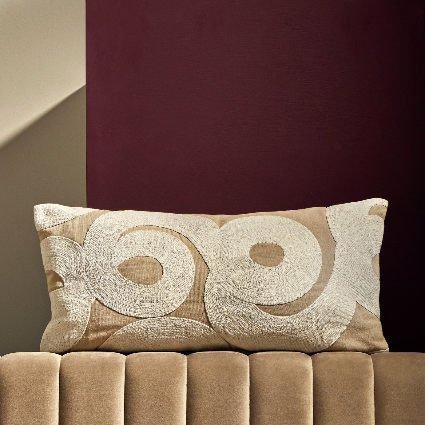 Habitat Textured Swirl Crewel Cushion Beige - 60x30cm