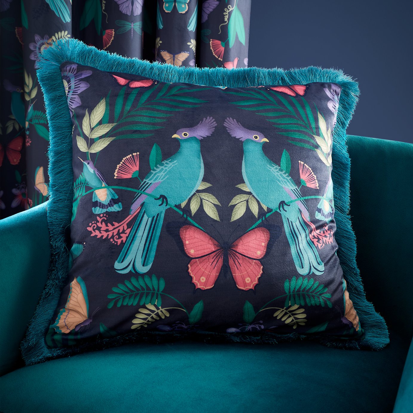 Catherine Lansfield Mya Tropical Birds Cushion Navy Blue - 45x45cm