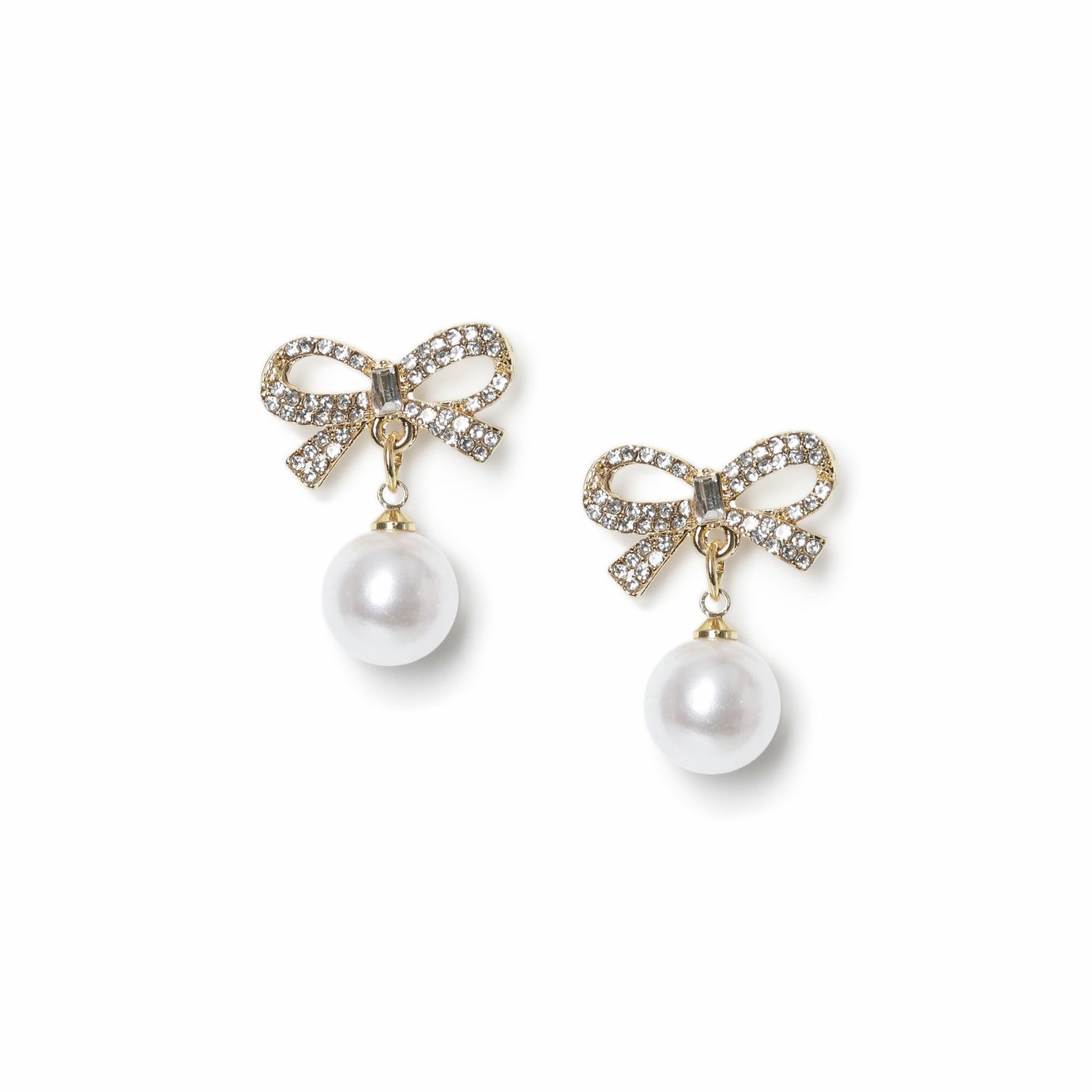 Freedom Gold Crystal Bow Pearl Drop Earrings
