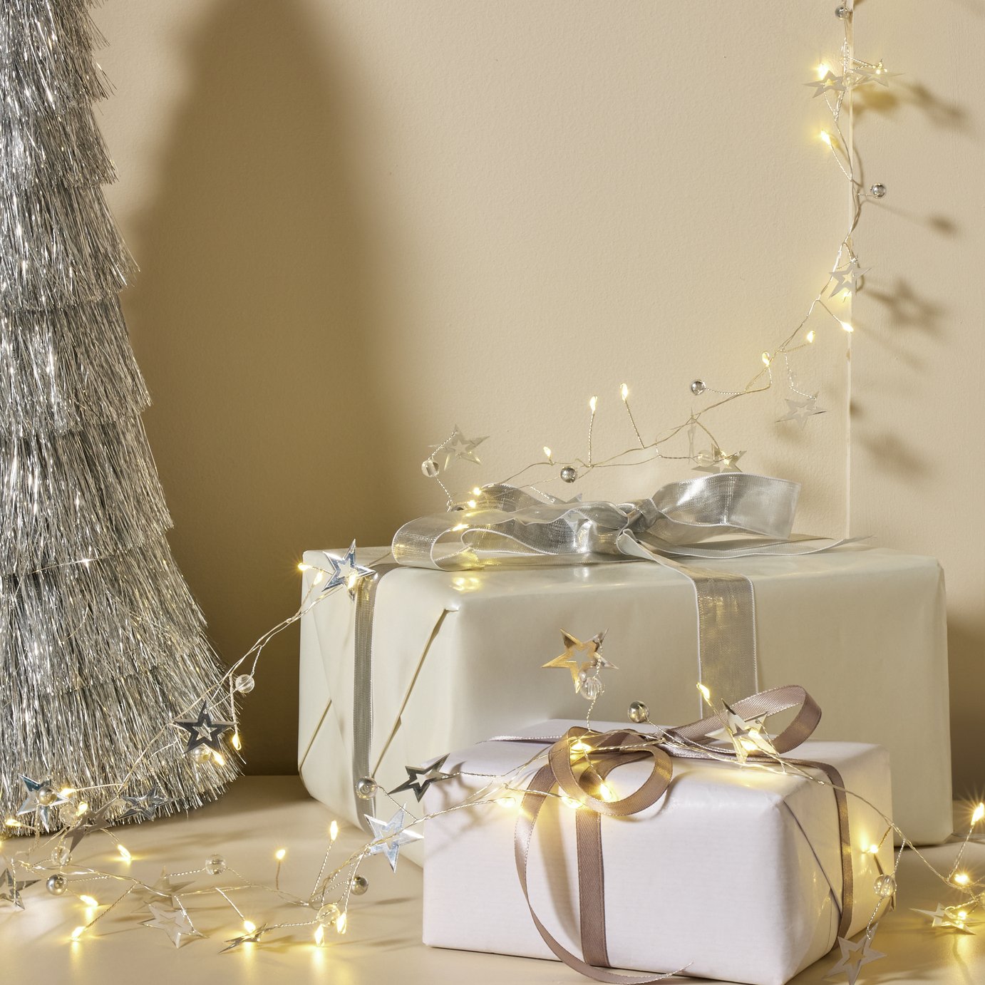 Argos Home Silver Star Bead Christmas Lights Garland