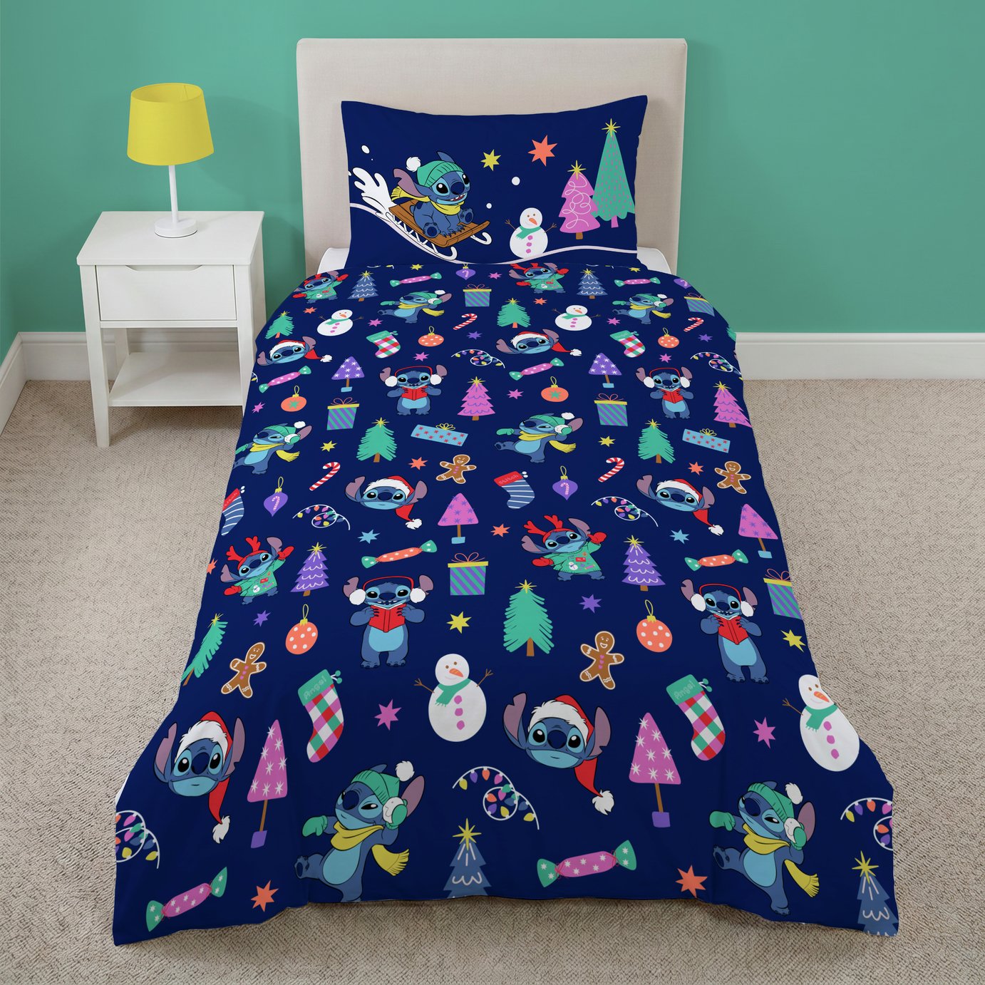 Disney Kids Stitch Christmas Delights Blue Bedding Set