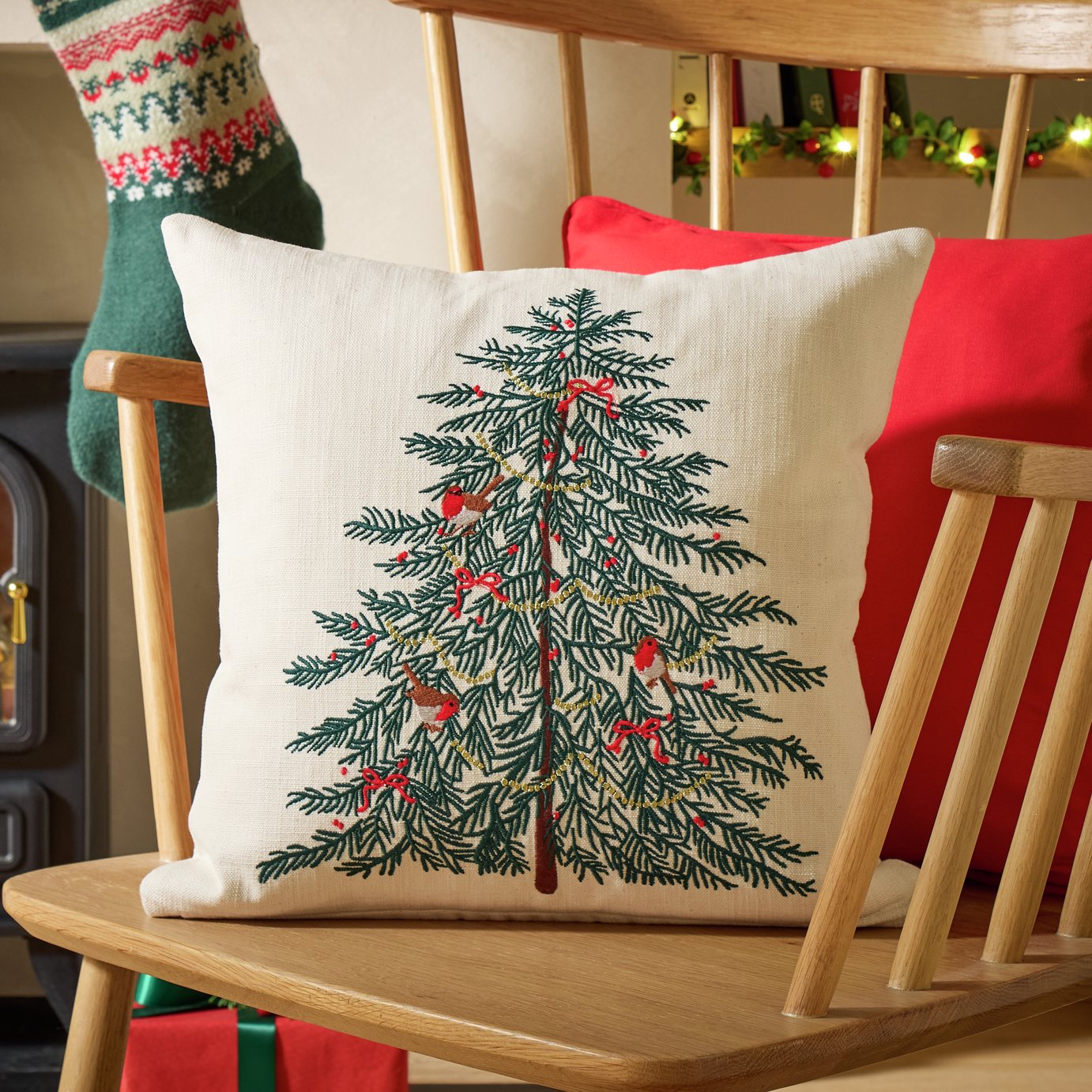 Argos Home Christmas Tree Embroidery Cushion Green - 43x43cm
