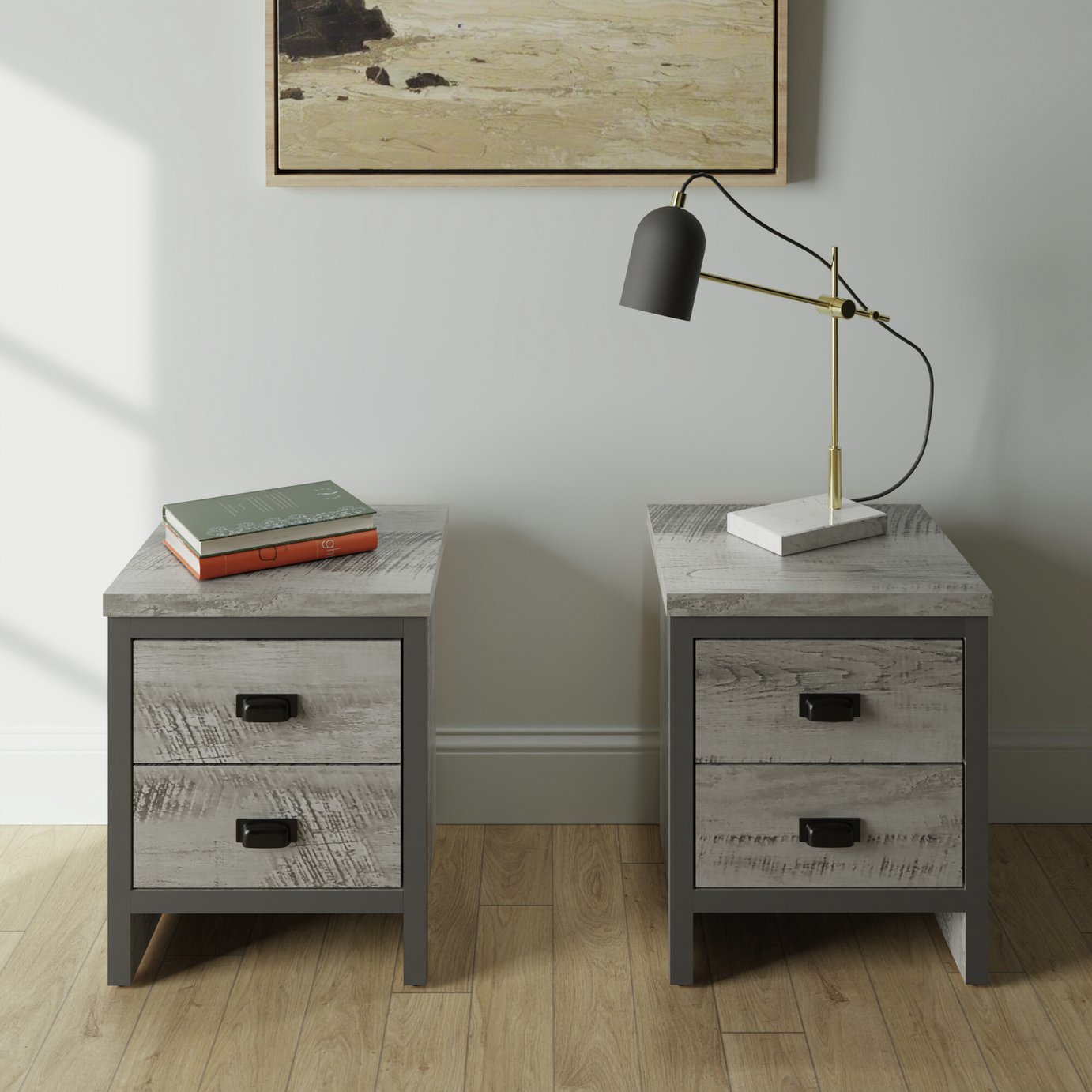 GFW Boston 2 Drawer Set of 2 Bedside Table - Grey