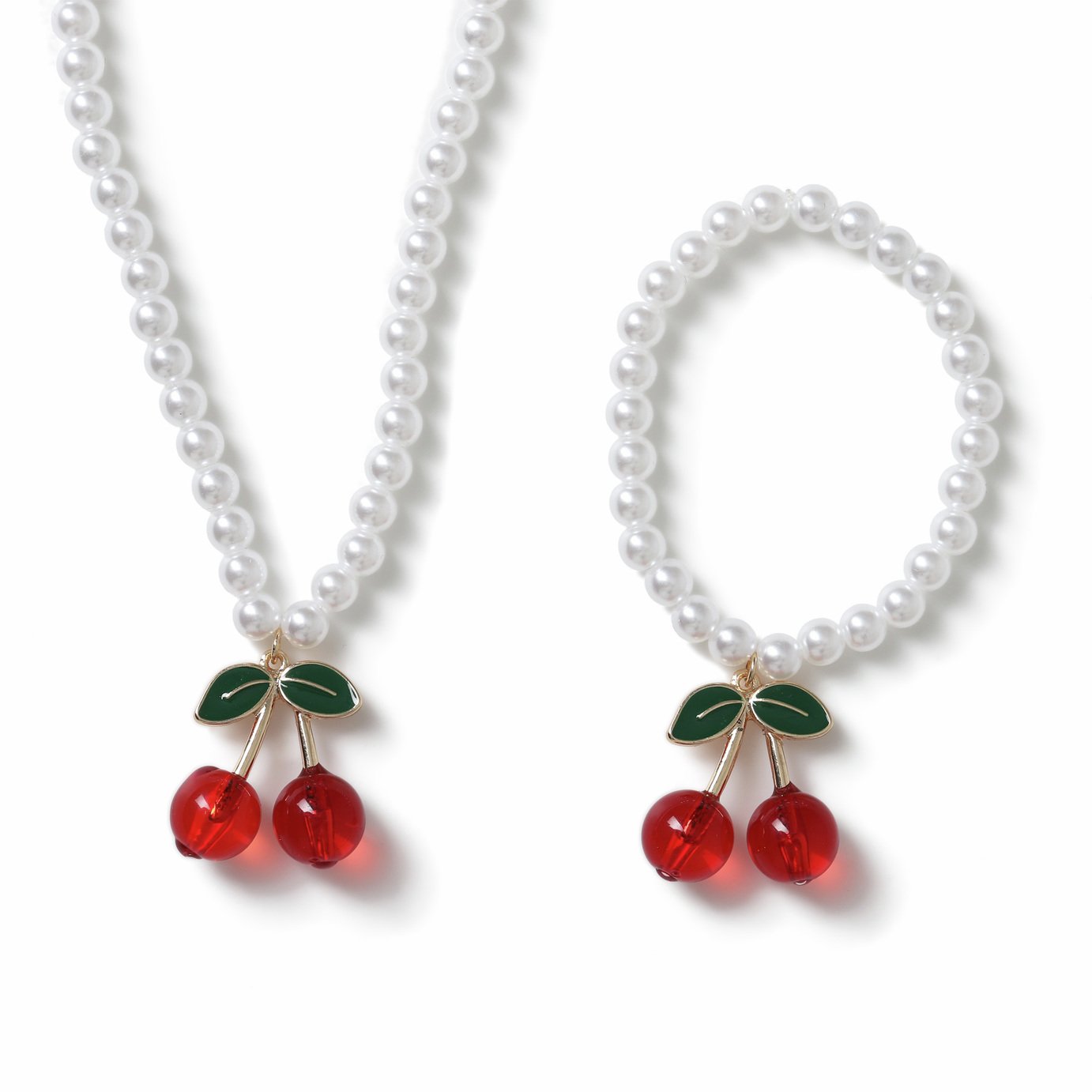 Flitzy Kids Pearl Beaded Chain Cherry Charm Jewellery Set