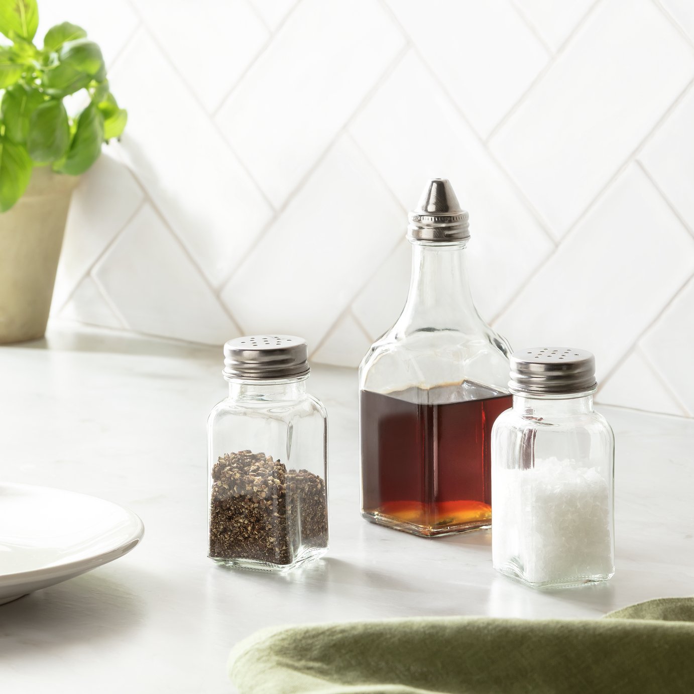 Argos Home Square Glass Vinegar bottle + Salt and Pepper - 3 Value Pack