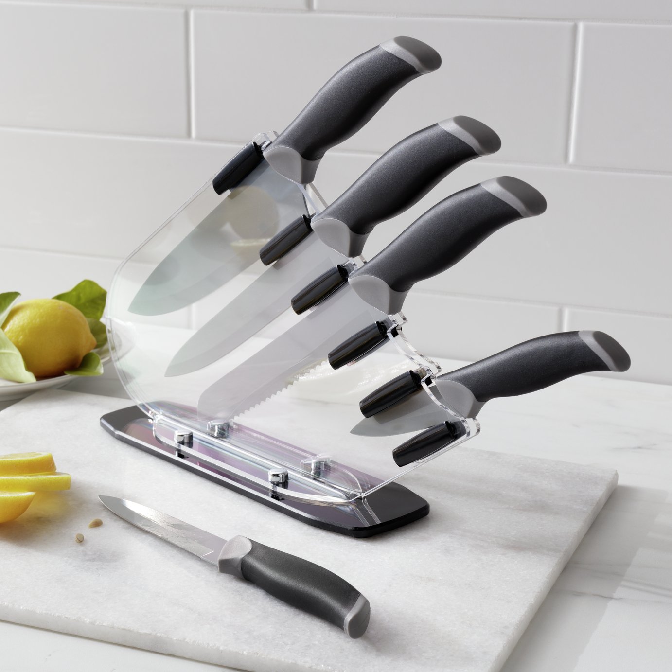 Argos Home 5 Piece Sloping Knife Block Set - Black & Grey
