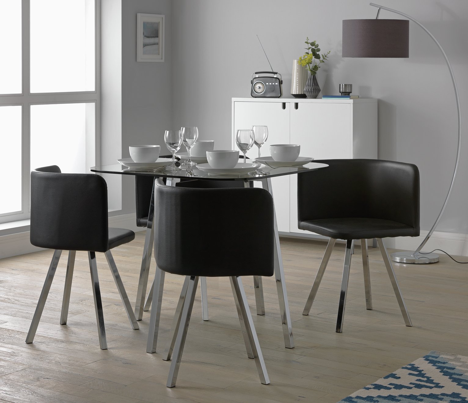 Argos Home Elsie Silver Glass Dining Table & 4 Black Chairs