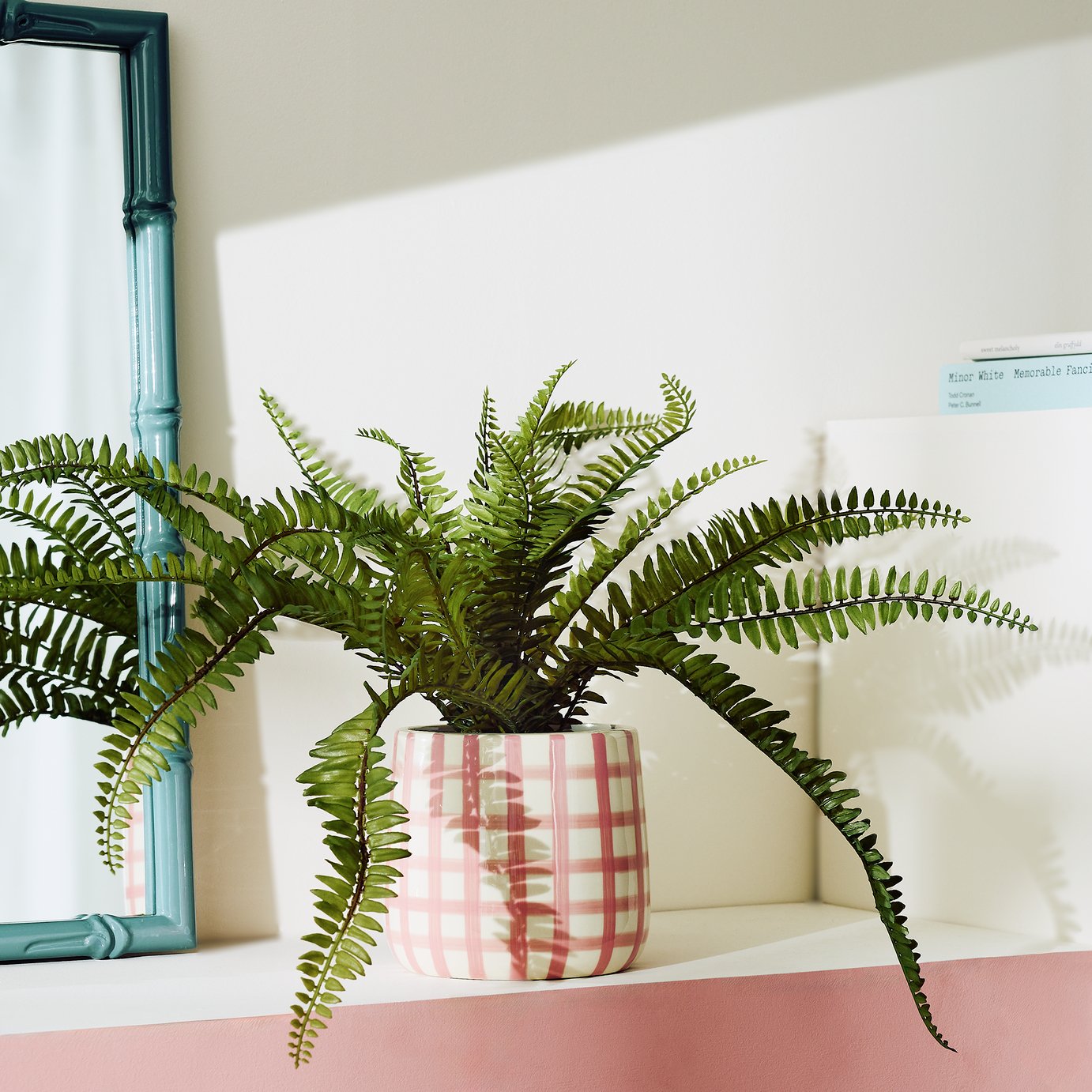 Bayswood Artificial Green Fern in Gingham Ceramic Pot - 14cm
