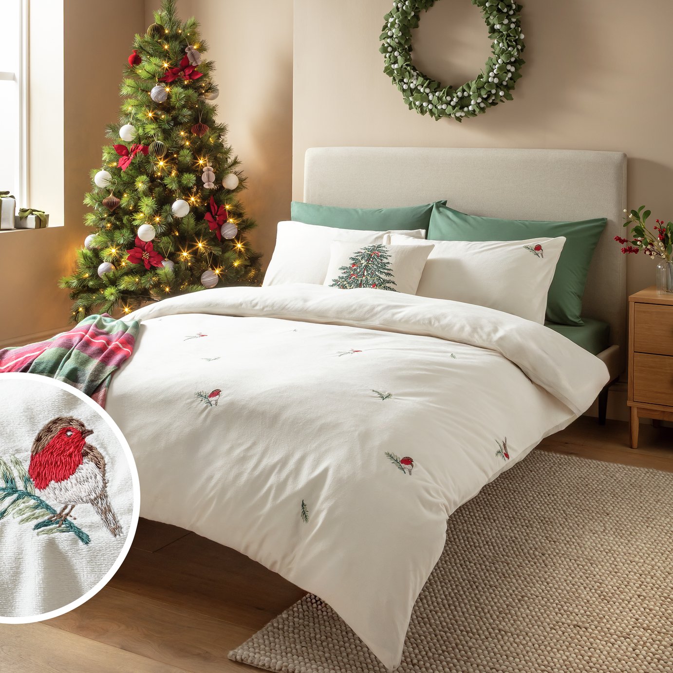 Argos Home Christmas Robin Embroidery Fleece Bedding Set - King size