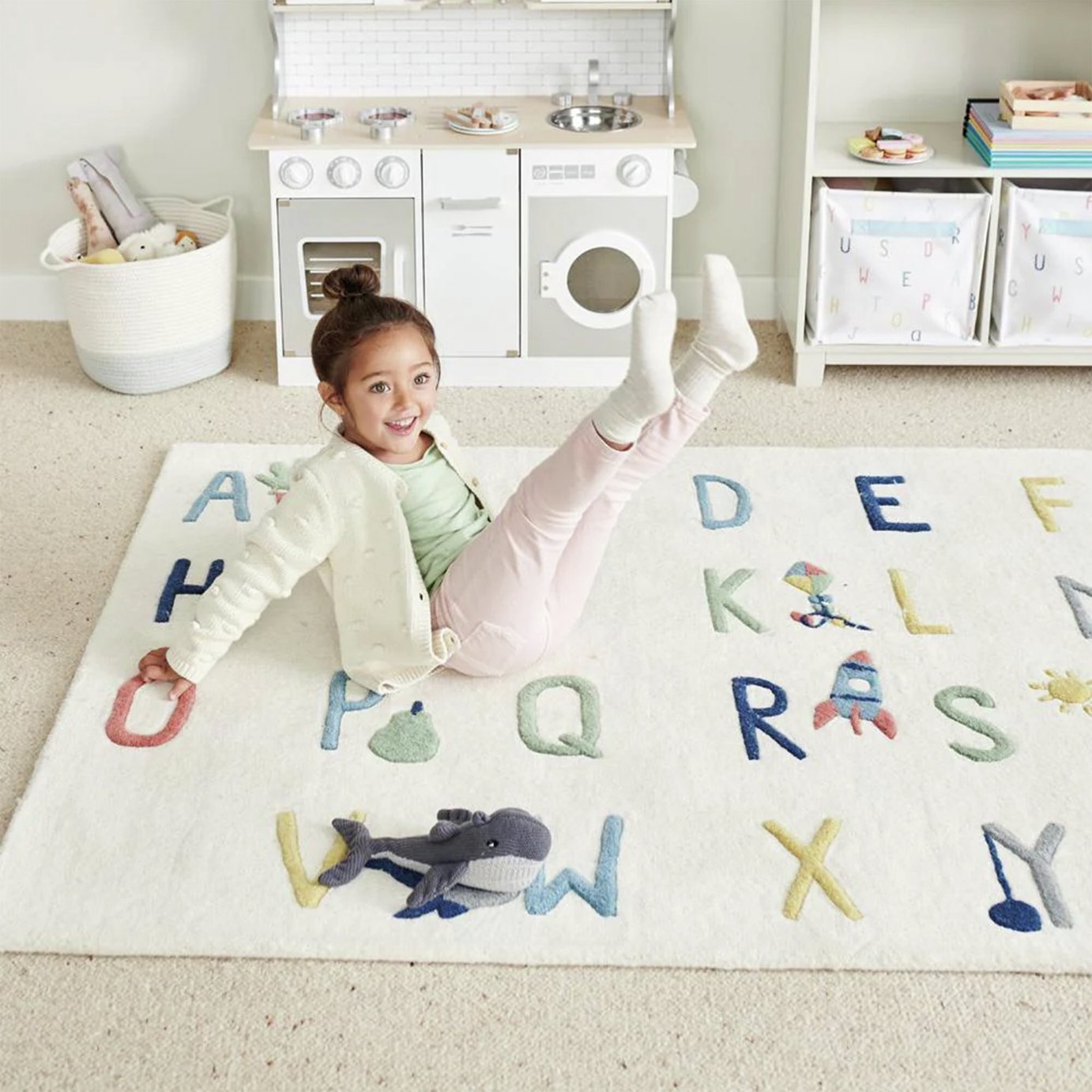 Great Little Trading Company Alphabet Ivory Wool Cut Pile Rug - 180x120cm