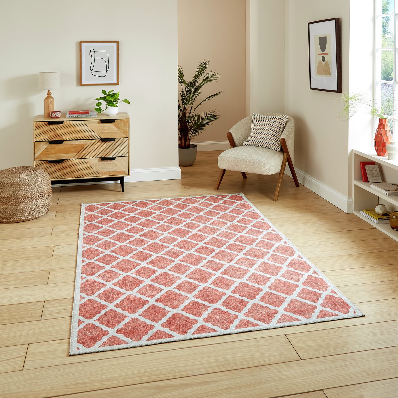 Think Rugs Washable Coral Orange Flatweave Rug
