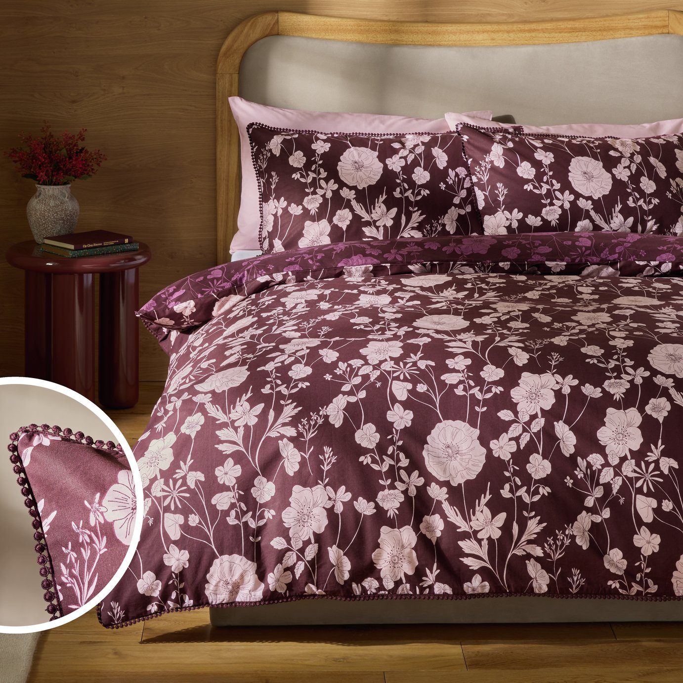 Argos Home Cotton Floral Burgundy Bedding Set - Single