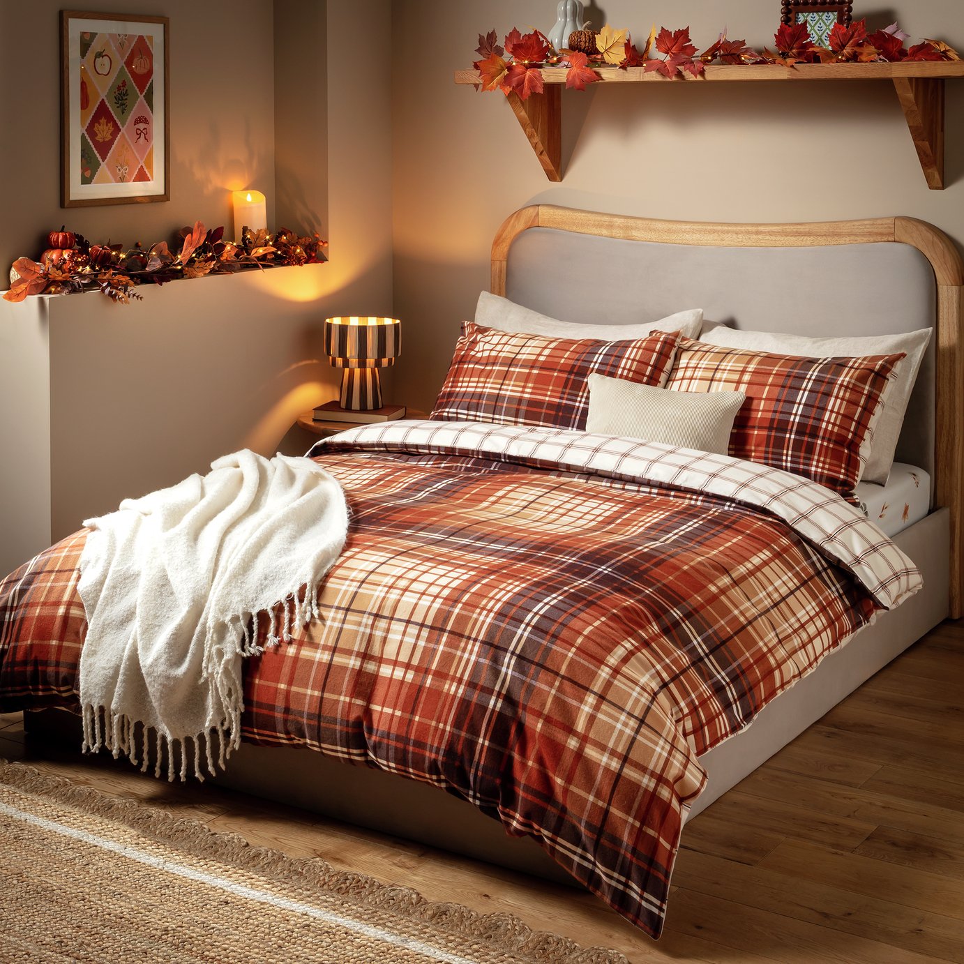 Argos Home Brushed Cotton Autumnal Check Brown Bedding Set - Single