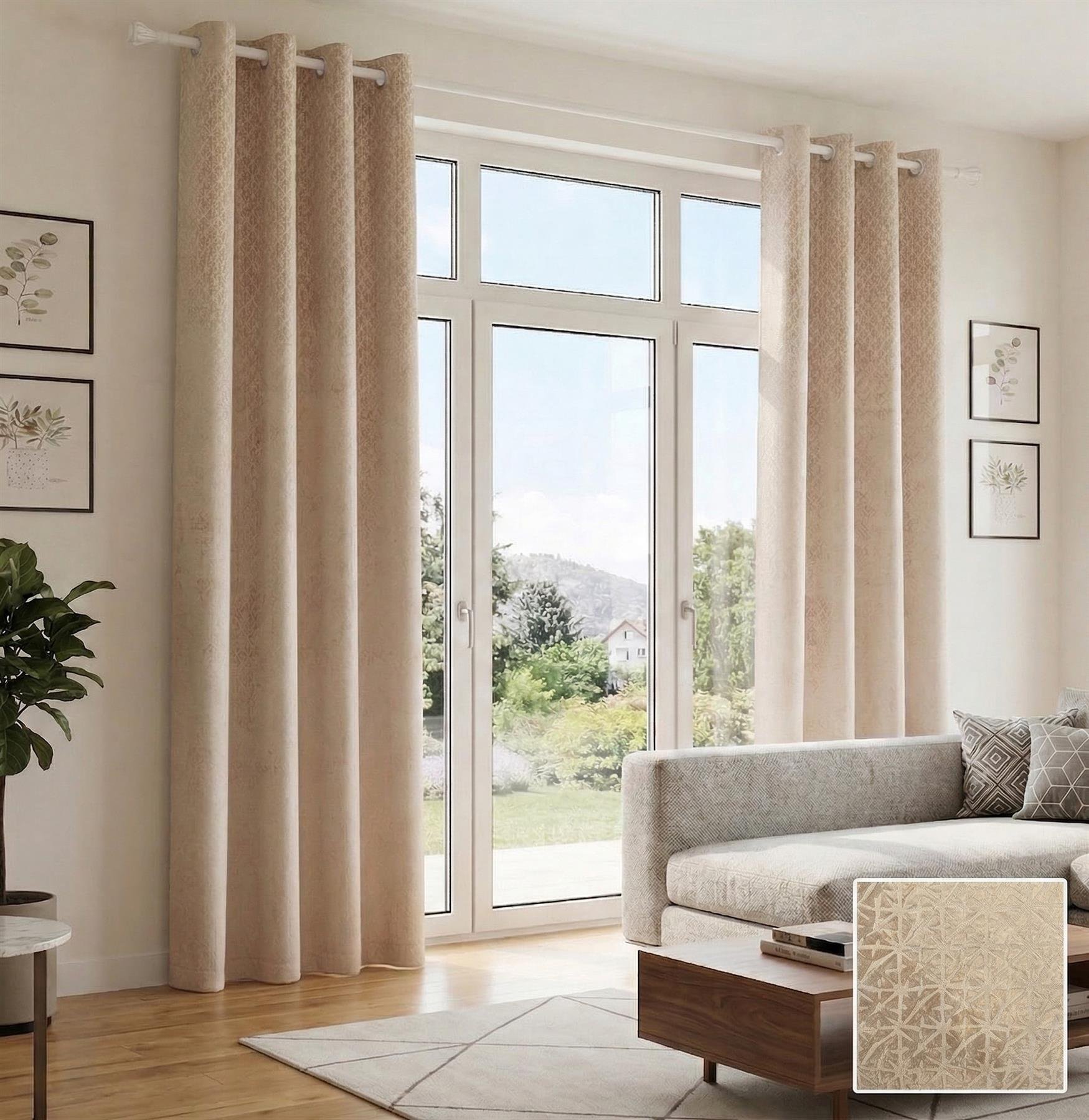 Luxury Living Temple Velvet Eyelet Blackout Curtains 117cm x 229cm - Latte