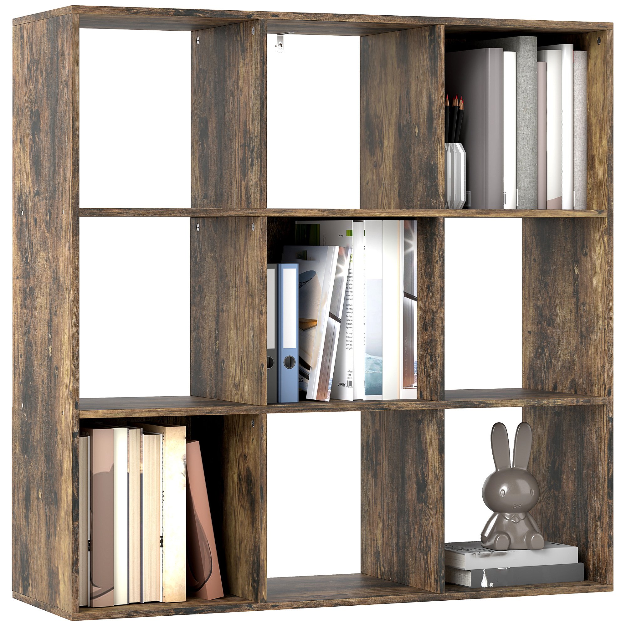 HOMCOM 3 Tier Modern Freestanding 9 Cube Storage Bookcase - Rustic Brown