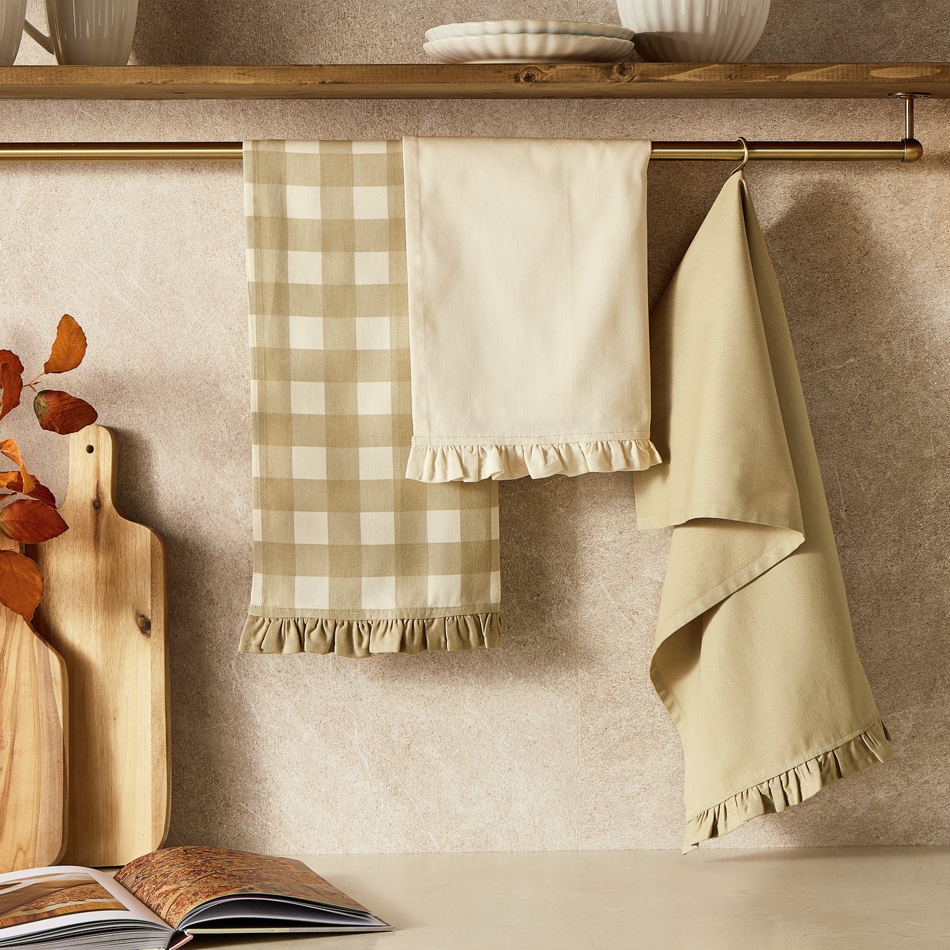 Argos Home Autumnal Gingham Pack of 3 Tea Towels - Beige