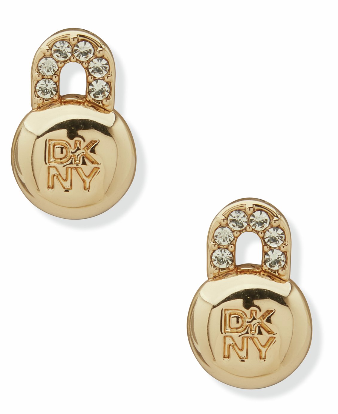 DKNY Gold Tone Pave Logo Lock Stud Earrings